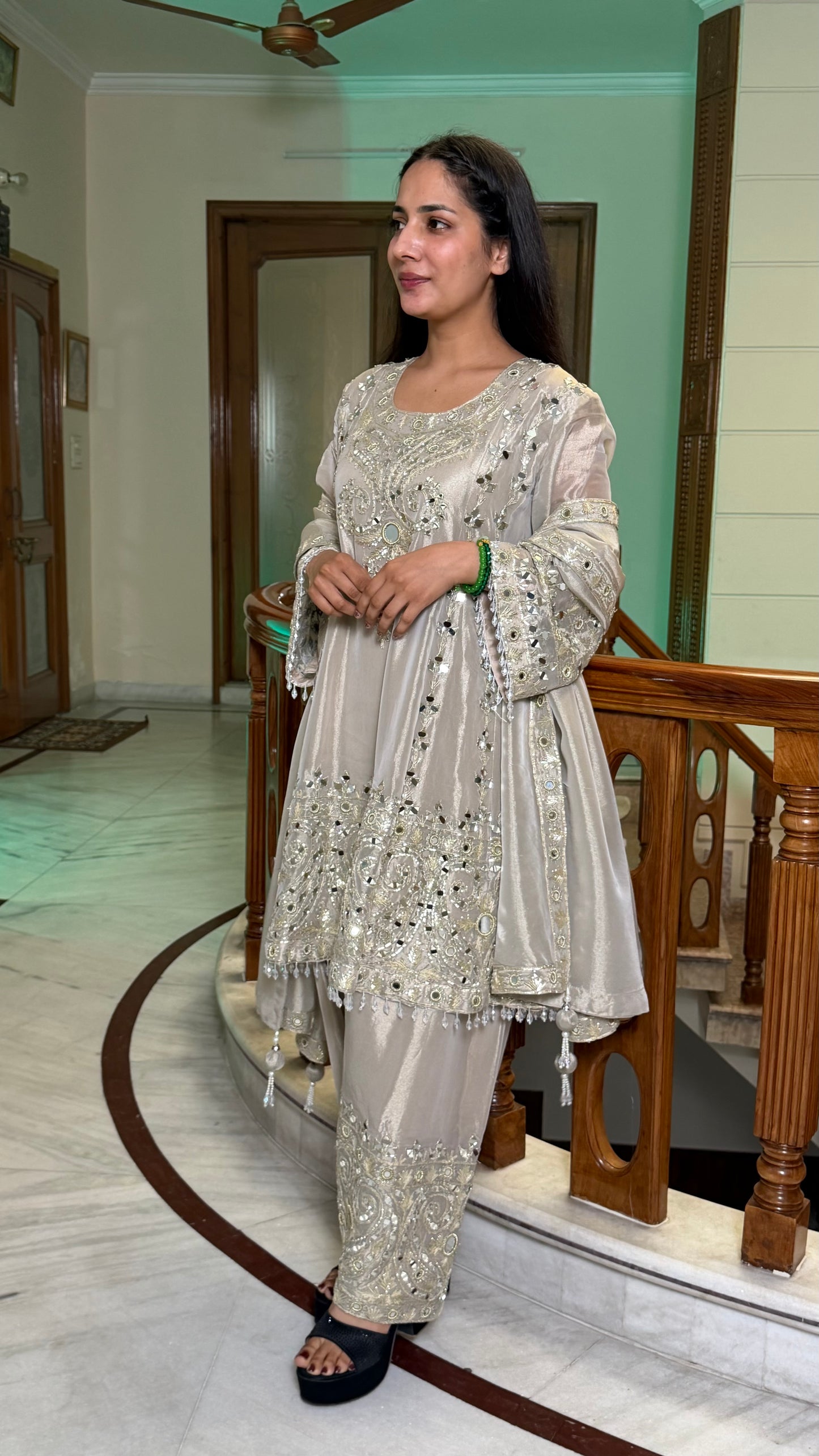 Champagne Beige Pure Tissue Short Anarkali with Farshi Salwar Set