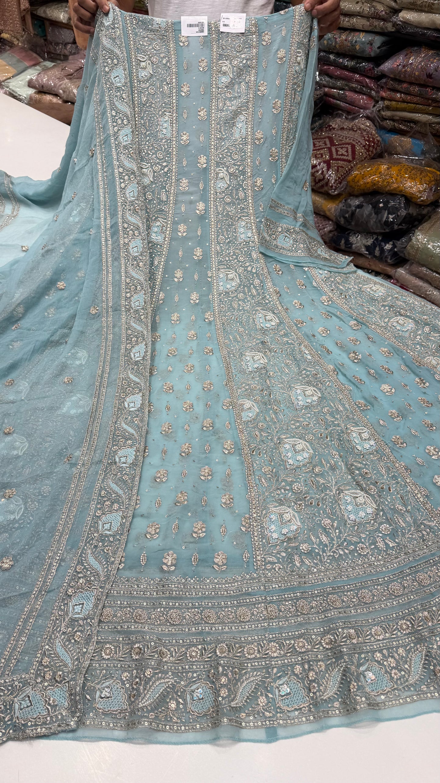 Luxury Unstitched Pure Georgette Zari Lakhnavi Anarkali Suit with Resham, Sequin & Pearl Handwork | Designer Wedding & Party Wear Suit