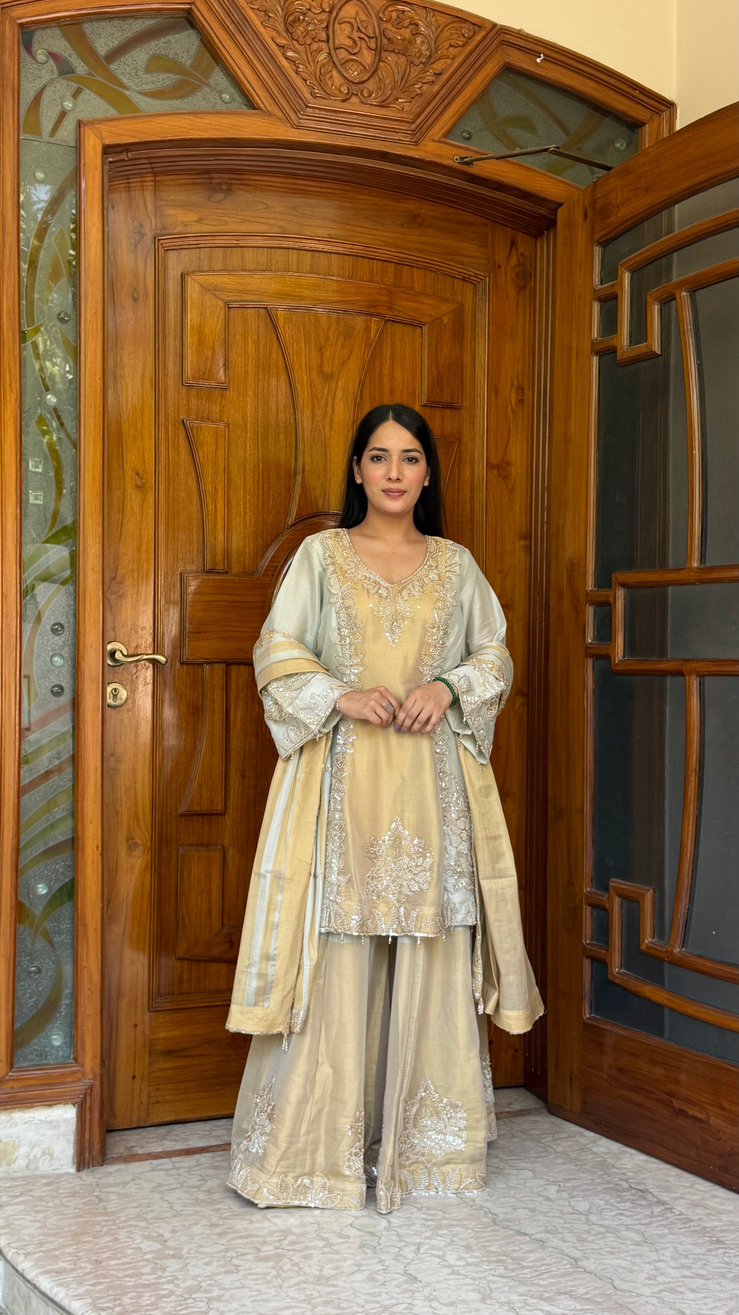 Luxury Pure Tissue Choga Style Sharara Suit with Hand Embroidery | Designer Readymade Party Wear Sharara Set