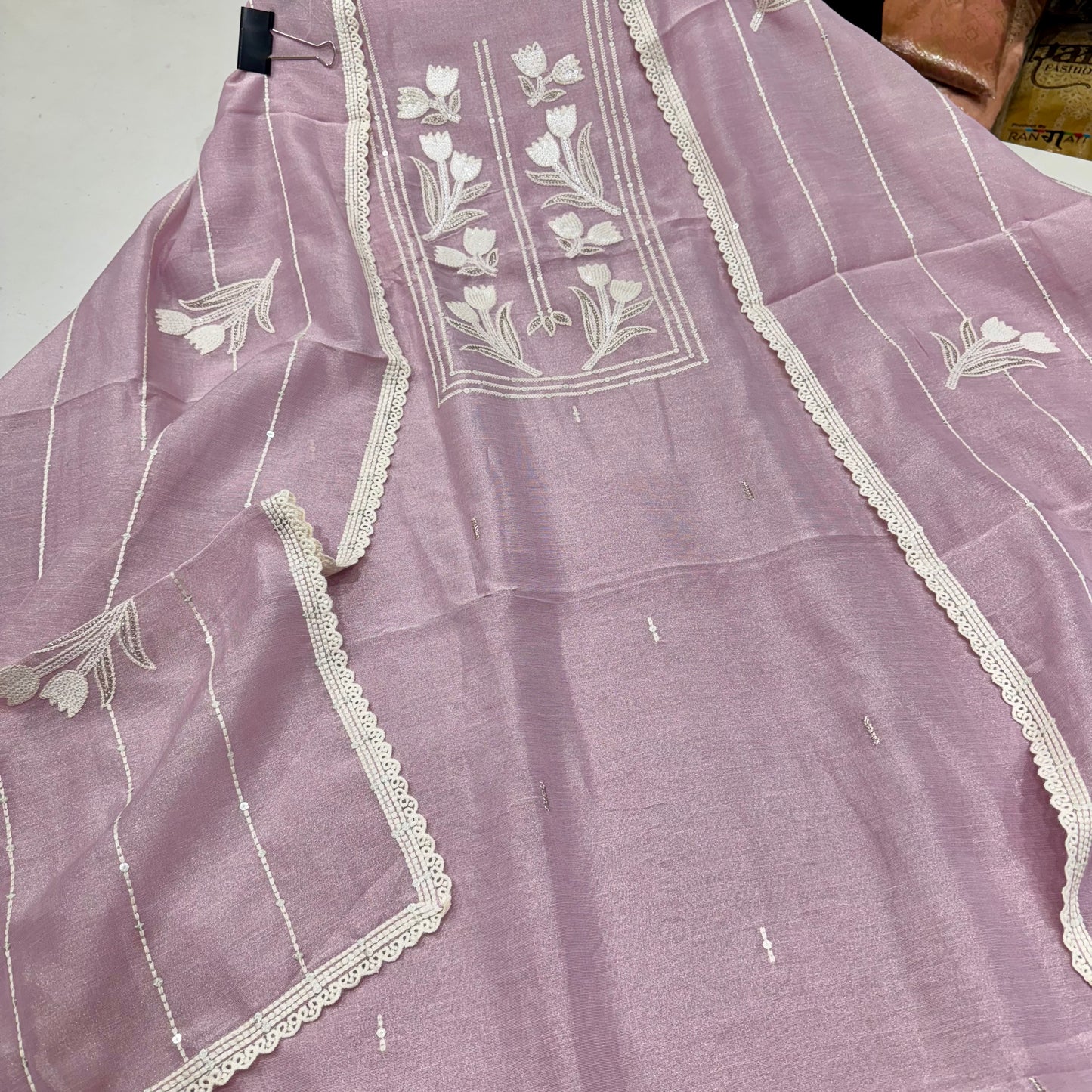 Trendy Pure Tissue Thread, Sequence & Zari Embroidered Suit with Embroidered Tissue Dupatta & Cotton Bottom