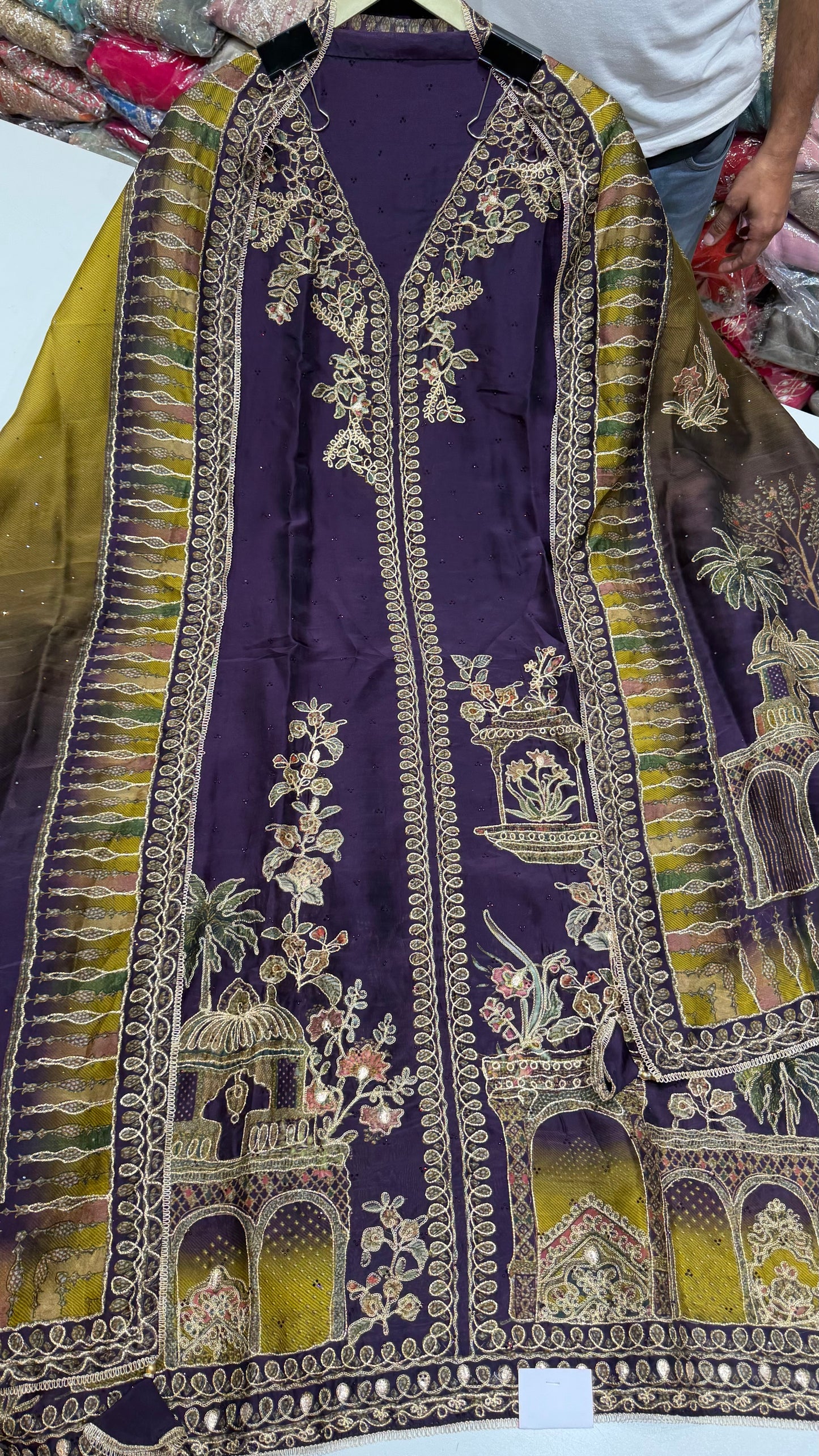 ✨ Sabyasachi Inspired Pure Organza Silk Purple Designer Unstitched Suit Set