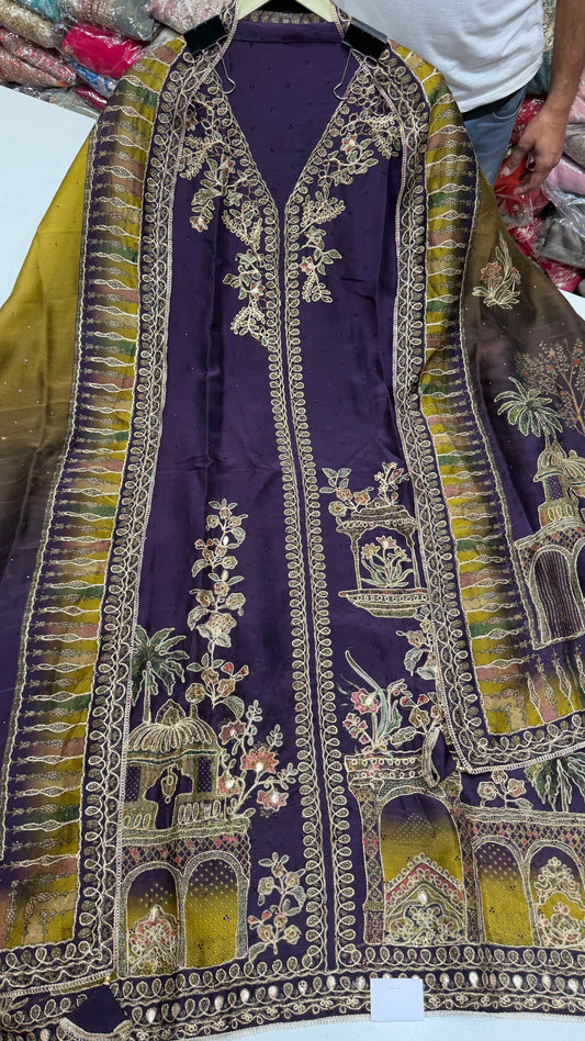 ✨ Sabyasachi Inspired Pure Organza Silk Purple Designer Unstitched Suit Set