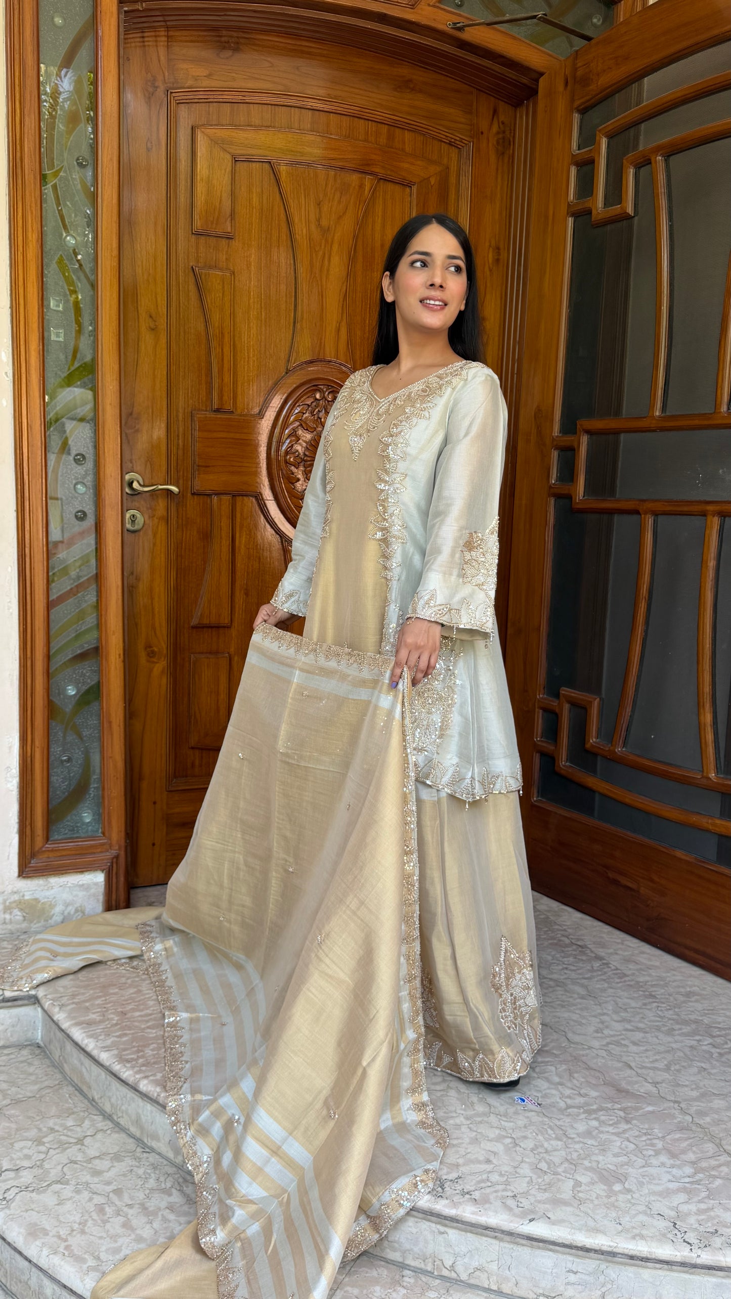 Luxury Pure Tissue Choga Style Sharara Suit with Hand Embroidery | Designer Readymade Party Wear Sharara Set