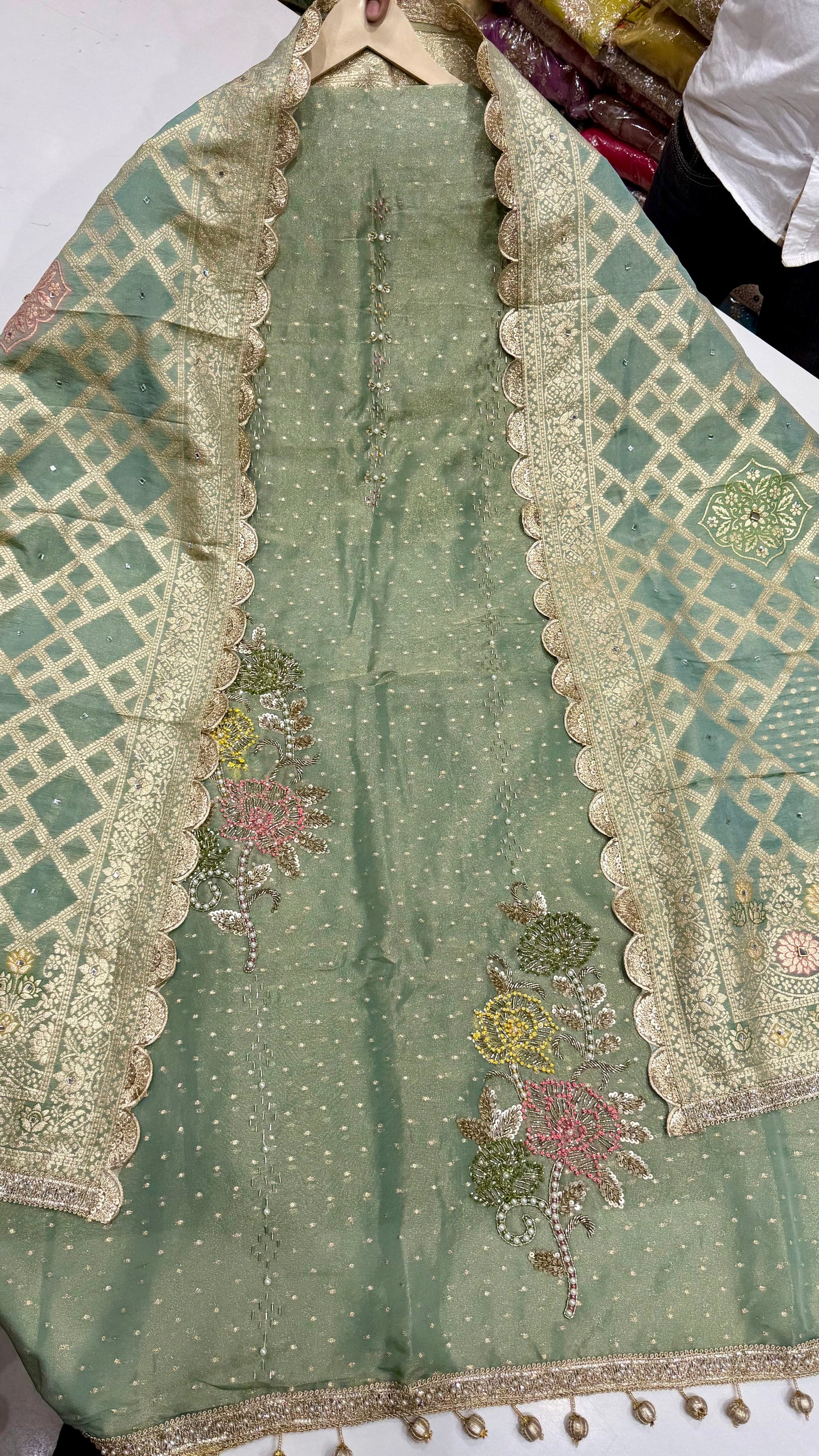 Designer Pure Handloom Tissue Unstitched Suit with Zardozi Handwork & Dupatta