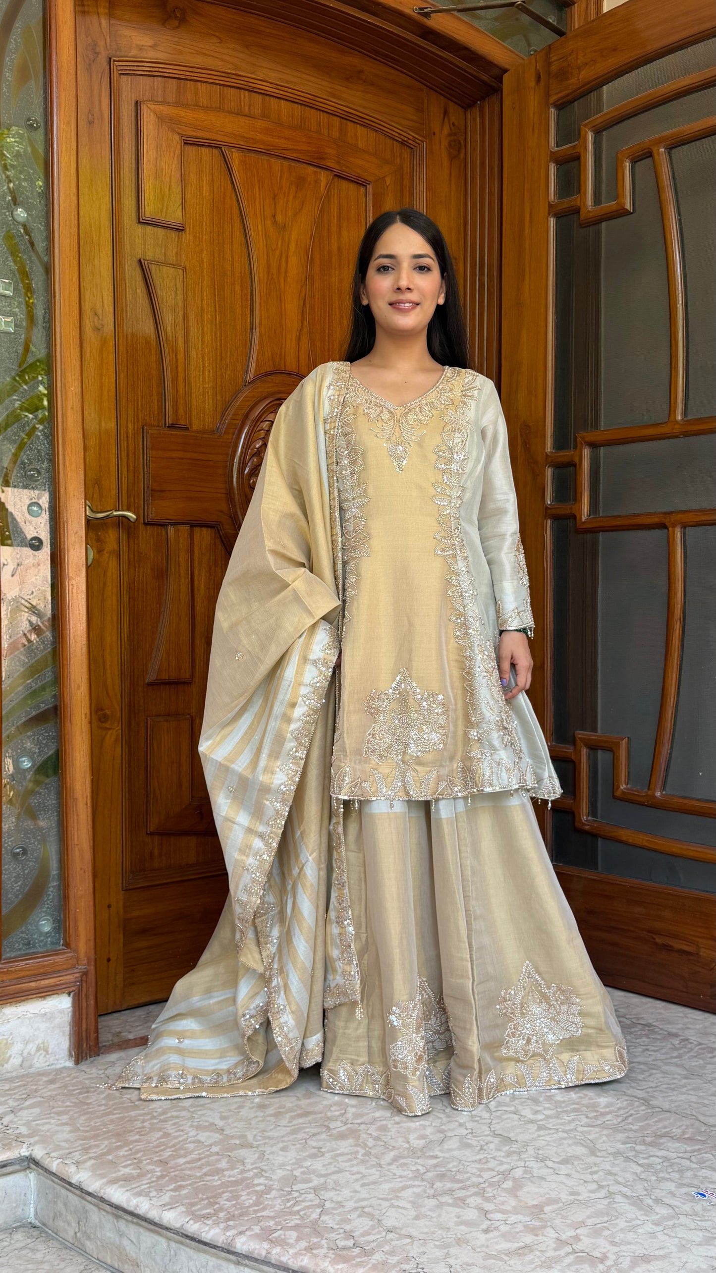 Luxury Pure Tissue Choga Style Sharara Suit with Hand Embroidery | Designer Readymade Party Wear Sharara Set