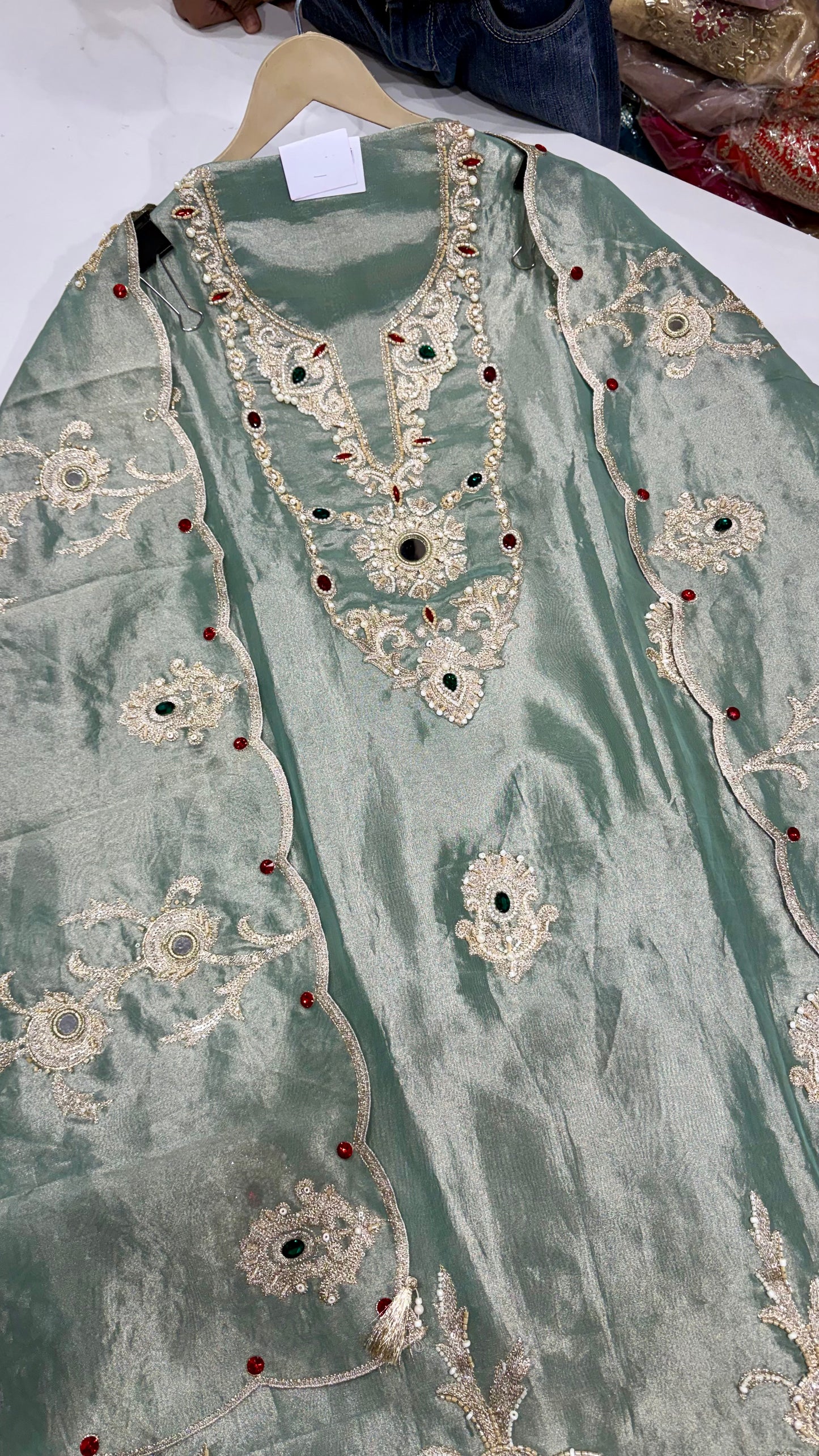 ✨ Shimmer Tissue Rajwada Work Unstitched Suit Set