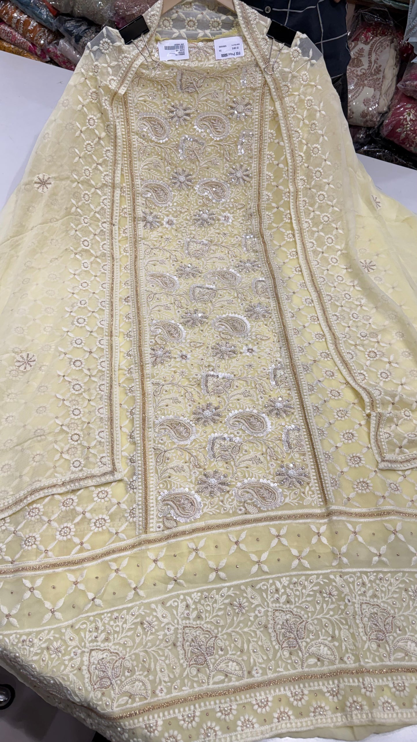 Luxury Unstitched Lakhnavi Pure Georgette Suit | Exclusive Lucknowi Thread, Pearls & Zari Handwork | Designer Georgette Dupatta with Cotton Silk Bottom | Festive Wedding Wear