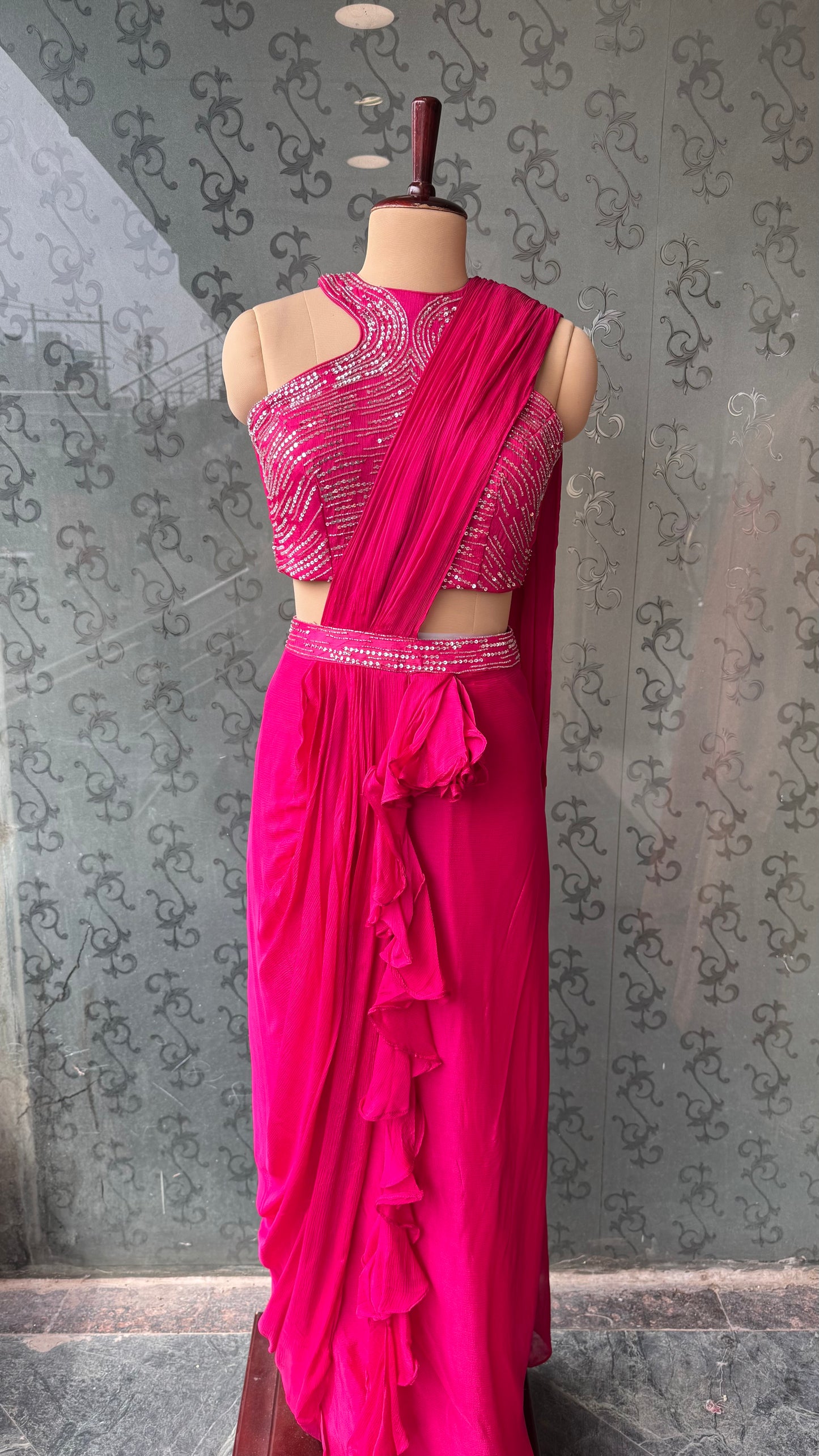Designer Indo-Western Pre-Draped Saree in Pure Chinon Crepe with Hand-Embroidered Blouse