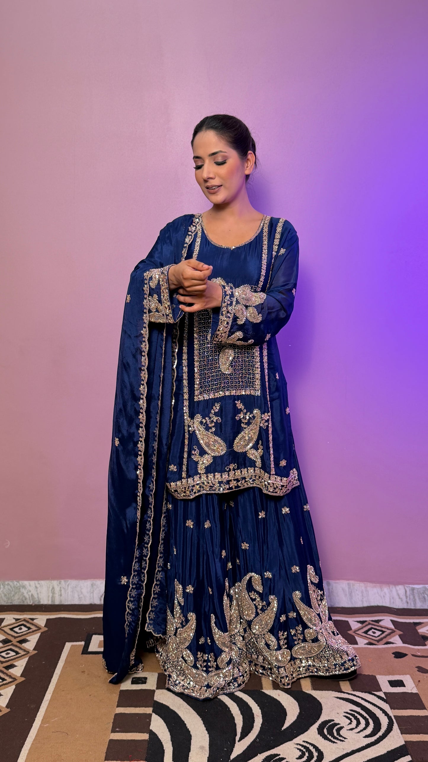 Designer Chinon Crepe Sharara Suit with Hand Nakashi Work