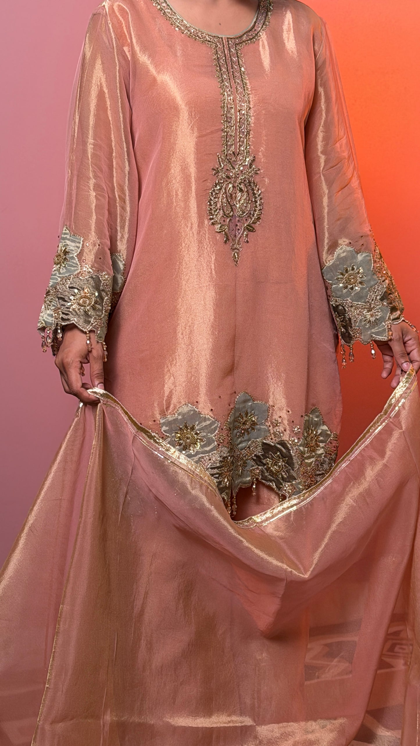 Blush Peach Pure Tissue Handcrafted Zardozi Straight Suit with Pants