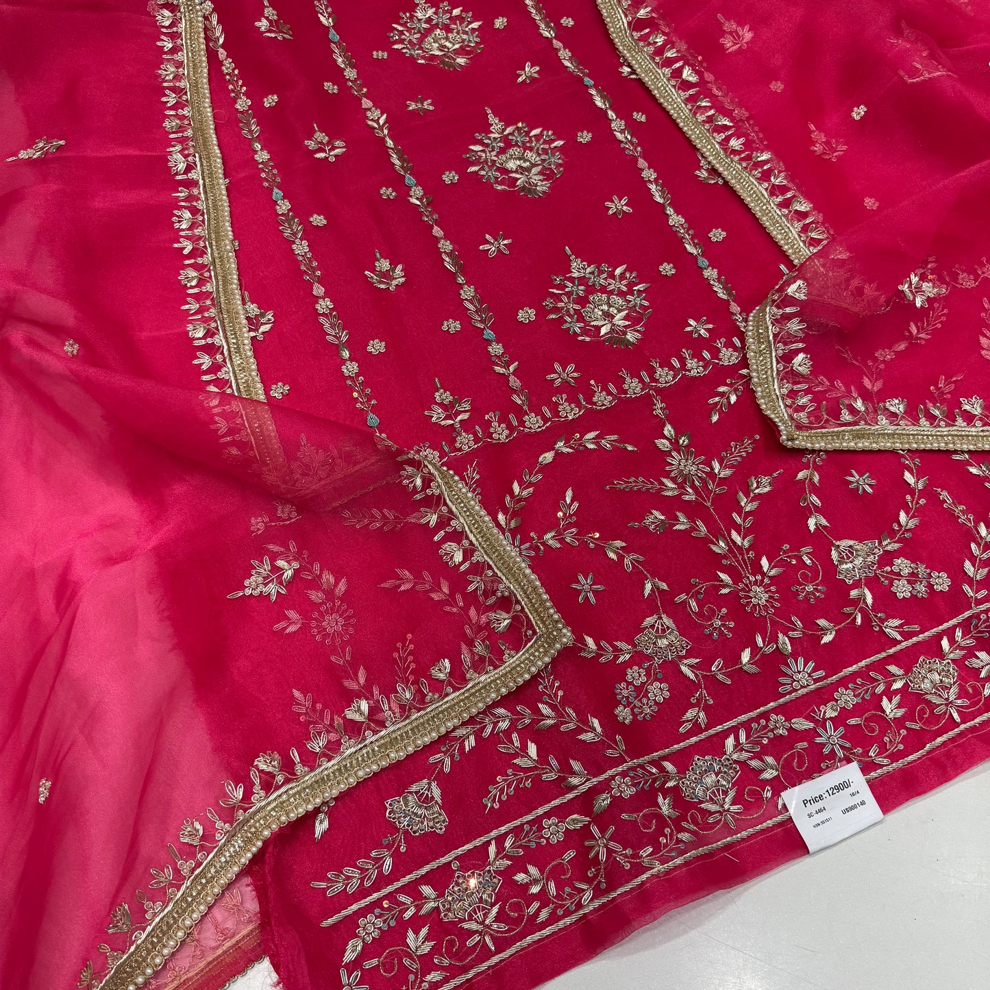 Premium Embroidered Glass Organza Suit Set with Four-Side Embellished Dupatta & Crepe Bottom
