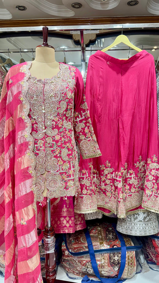 Luxury Hand Embroidered Chinon Sharara Suit with Tissue Dupatta – Ready to Wear (Free Size up to 44 Bust)