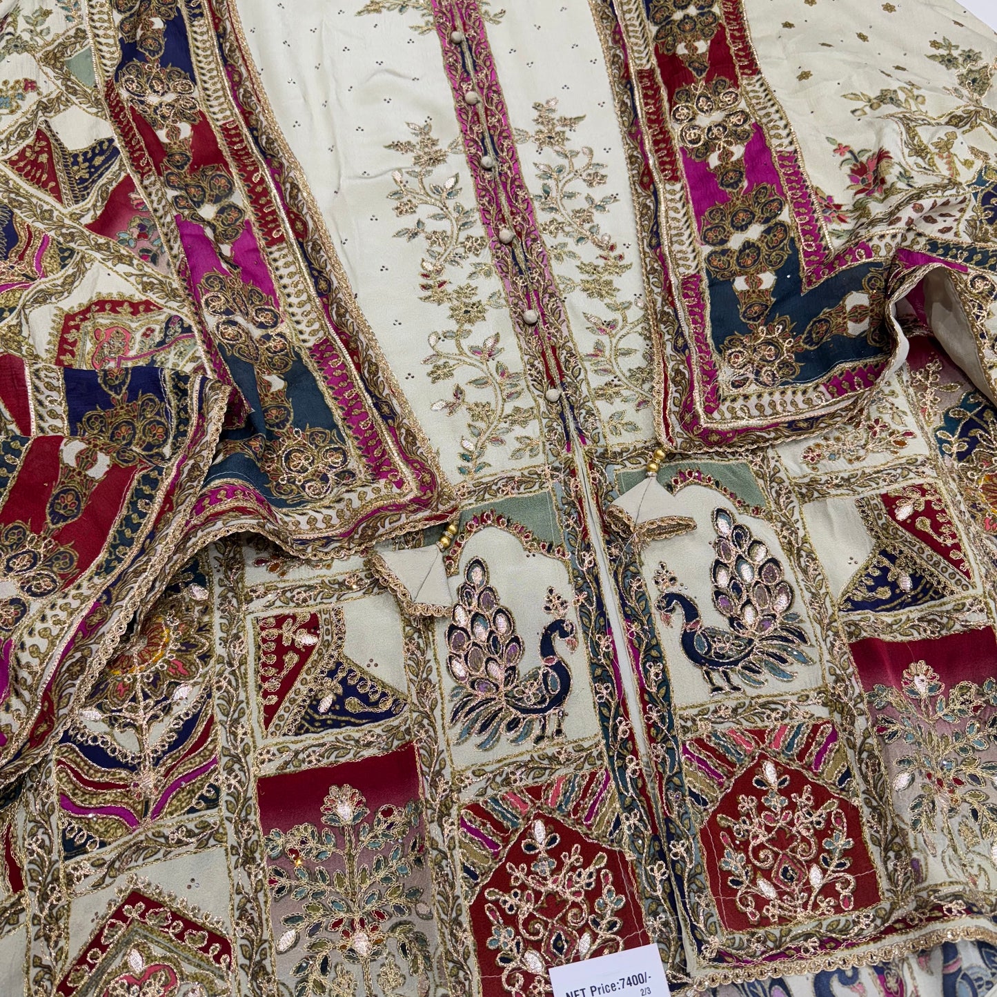 Unstitched Pure Crepe Achkan Style Suit with Zari Embroidery & Chinon Dupatta