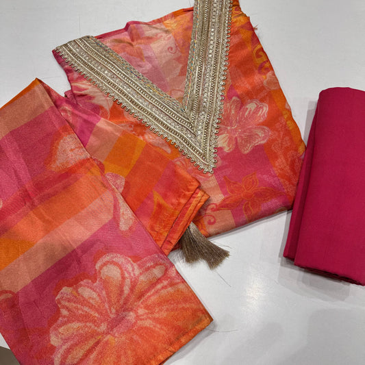 Multicolor tissue silk v neck suit set