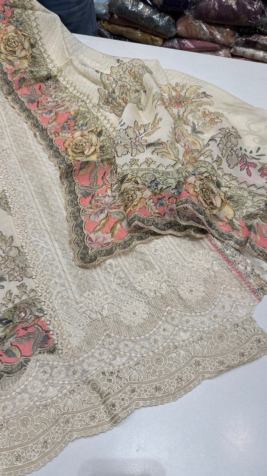 Cream Georgett Pakistani suit set with Orgenza dupatta