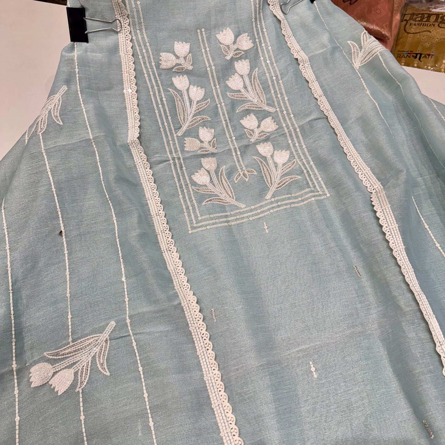 Trendy Pure Tissue Thread, Sequence & Zari Embroidered Suit with Embroidered Tissue Dupatta & Cotton Bottom