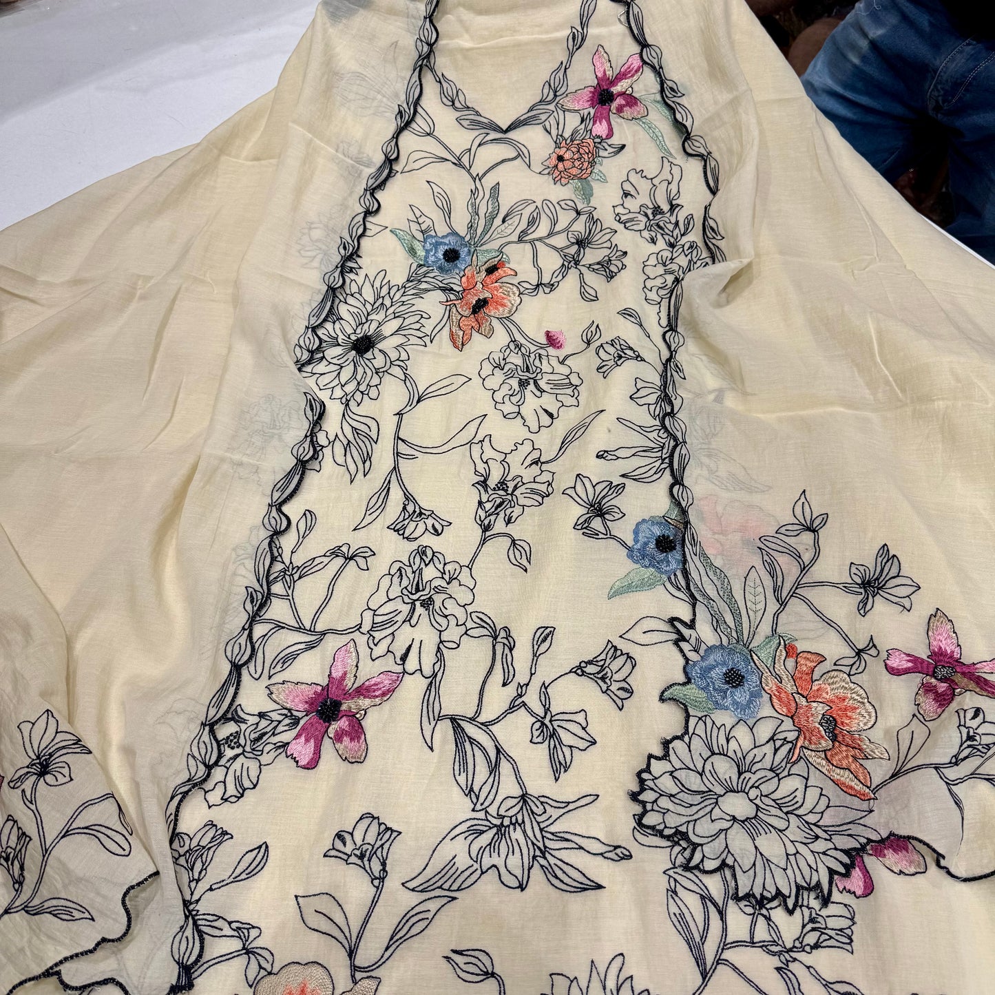 Unstitched Pure Mulmul Kalamkari Suit with Bead Embroidery & Cutwork Dupatta
