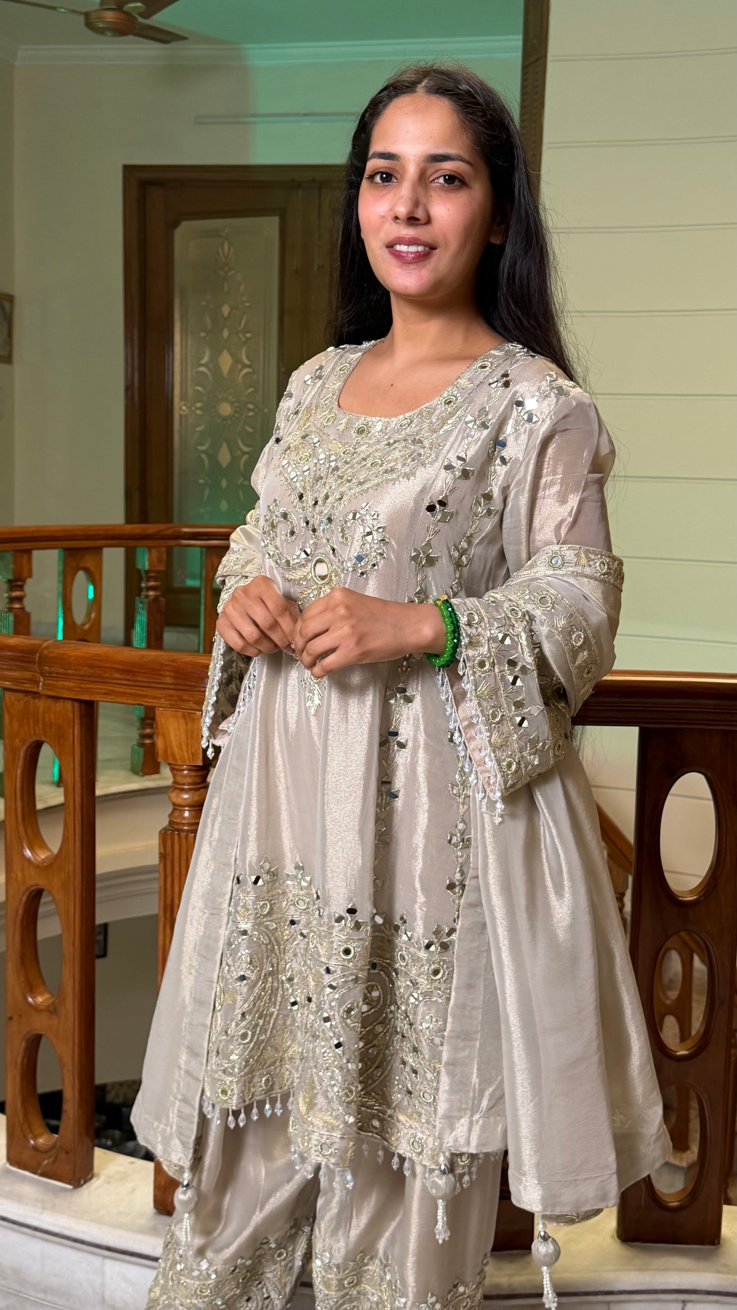 Champagne Beige Pure Tissue Short Anarkali with Farshi Salwar Set