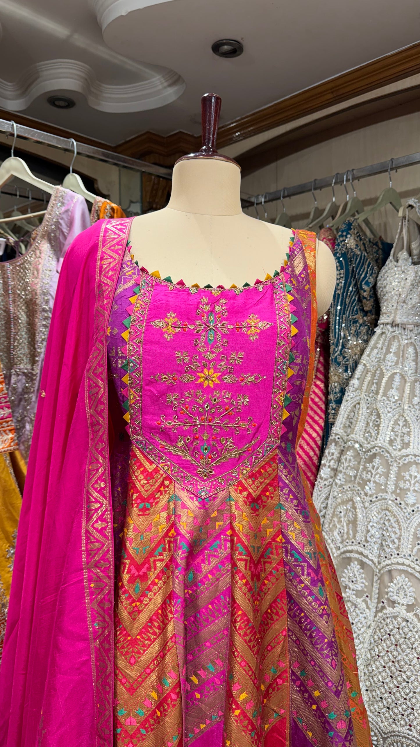 Banarsi Silk Anarkali Suit with sharara plazo