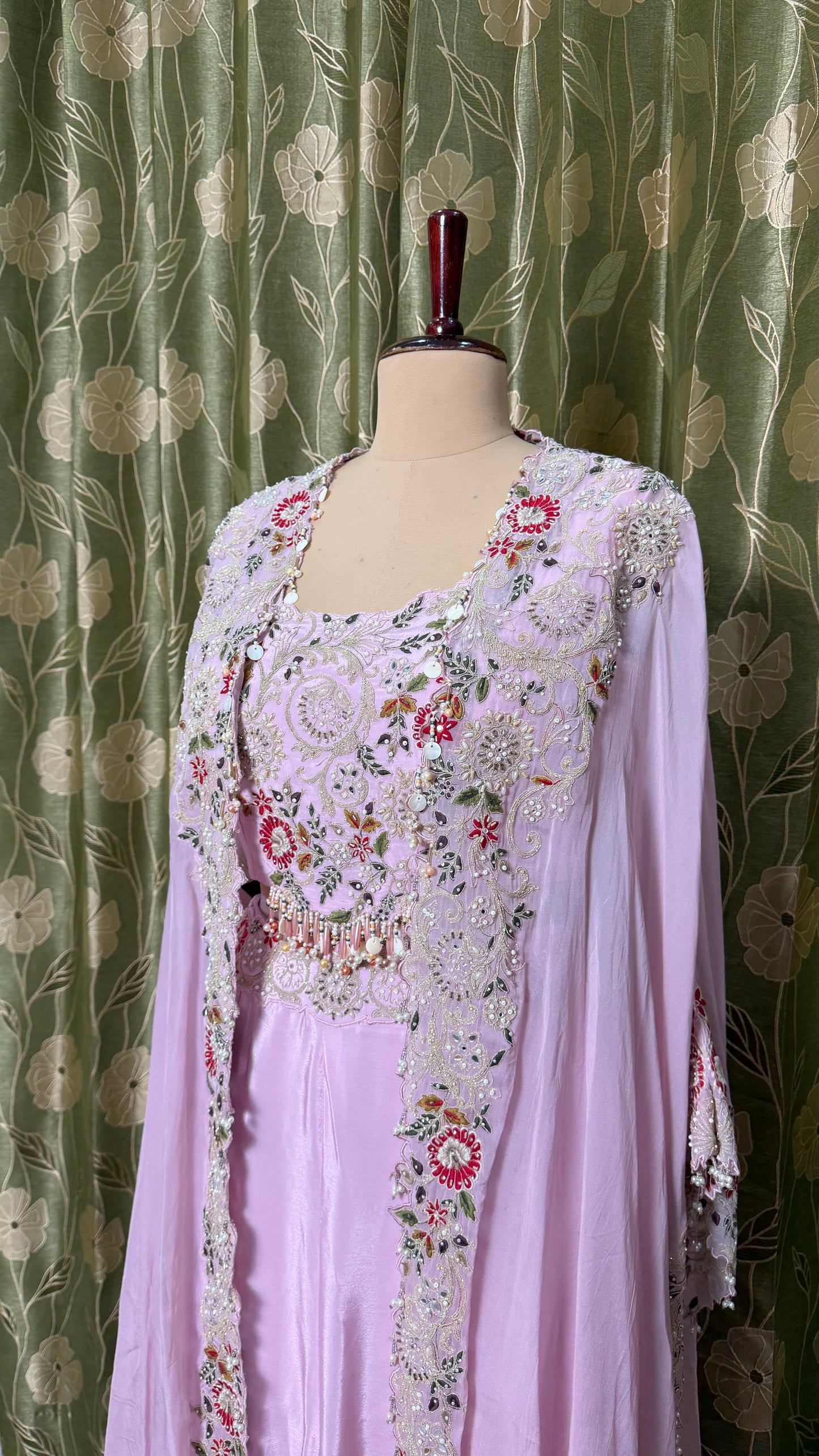 Soft Lilac Indo-Western 3-Piece Ensemble with Hand-Embroidered Blouse, Pure Crepe Sharara & Organza Kaftan Shrug
