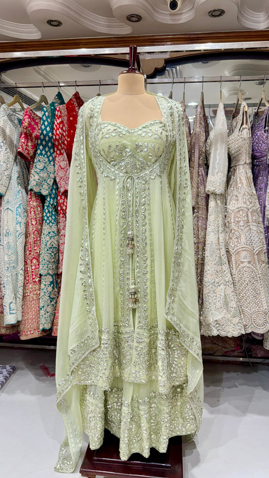 Designer Indo-Western Readymade Lehenga with Choli & Anarkali Cape – Free Size (Up to 44” Bust)