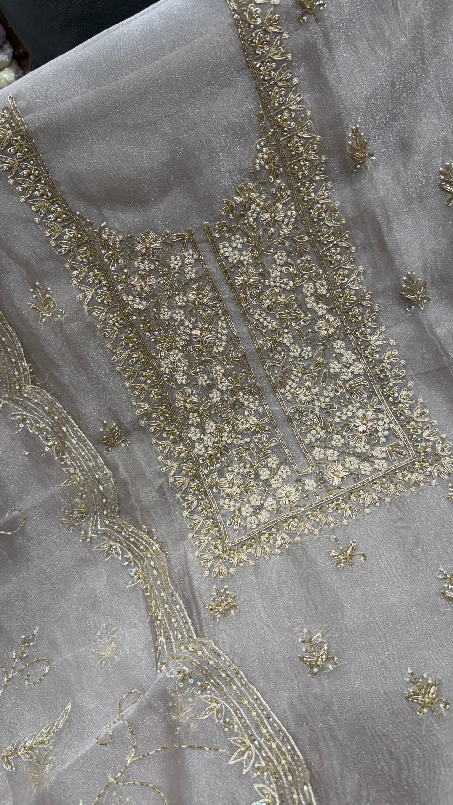 Luxury Unstitched Pure Glass Organza Hand Embroidered Suit with Nakshi, Pearls & Cutdana Work | Premium Designer Wedding & Party Wear Dress Material