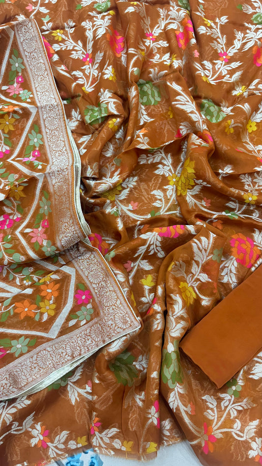 Luxurious Handloom Woven Pure Mysore Organza Unstitched Suit Set
