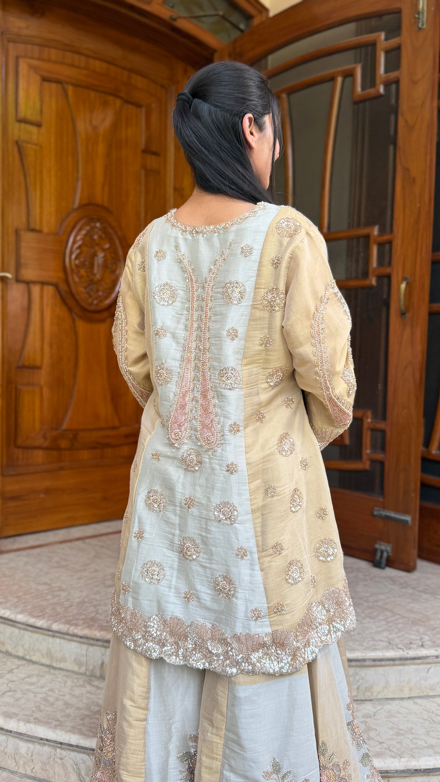 Pastel Gold A-Line Pakistani Tissue Sharara Suit Set with Hand Nakashi Work