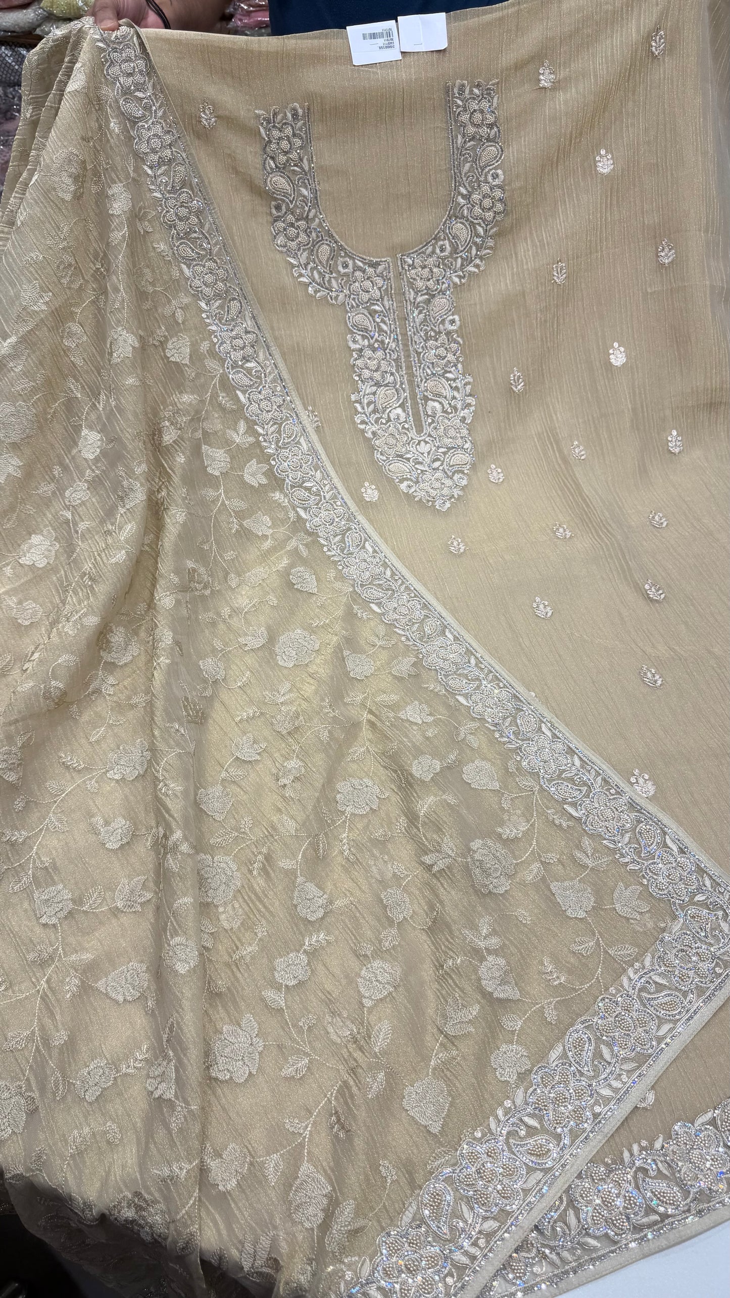 Unstitched Pure Crush Organza Embroidered Pakistani Suit with Heavy Dupatta | Parsi Zari Pearl & Zircon Handwork | Luxury Designer Party Wear