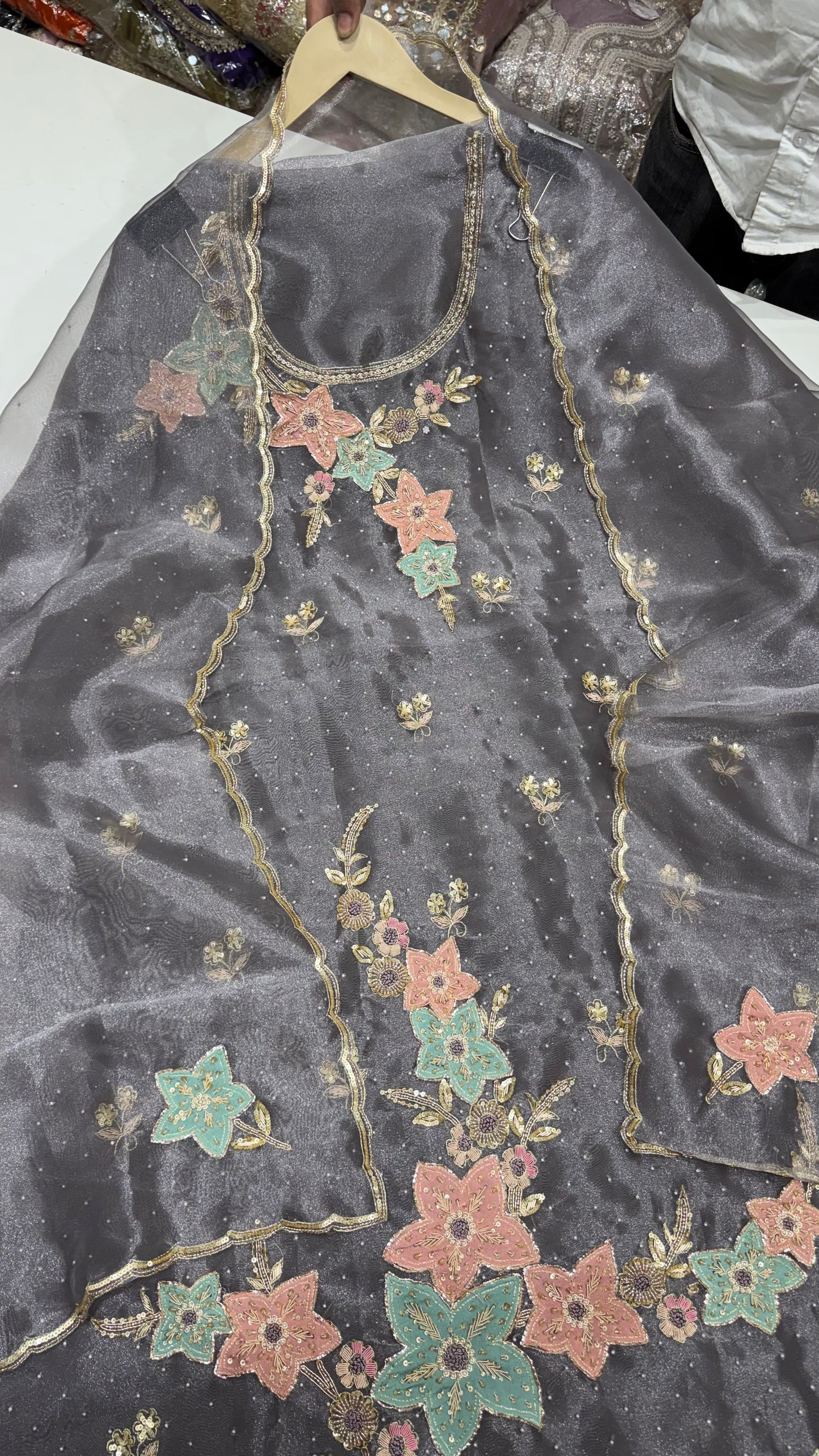 ✨ Luxury Pure Glass Organza Hand-Embroidered Unstitched Suit Set