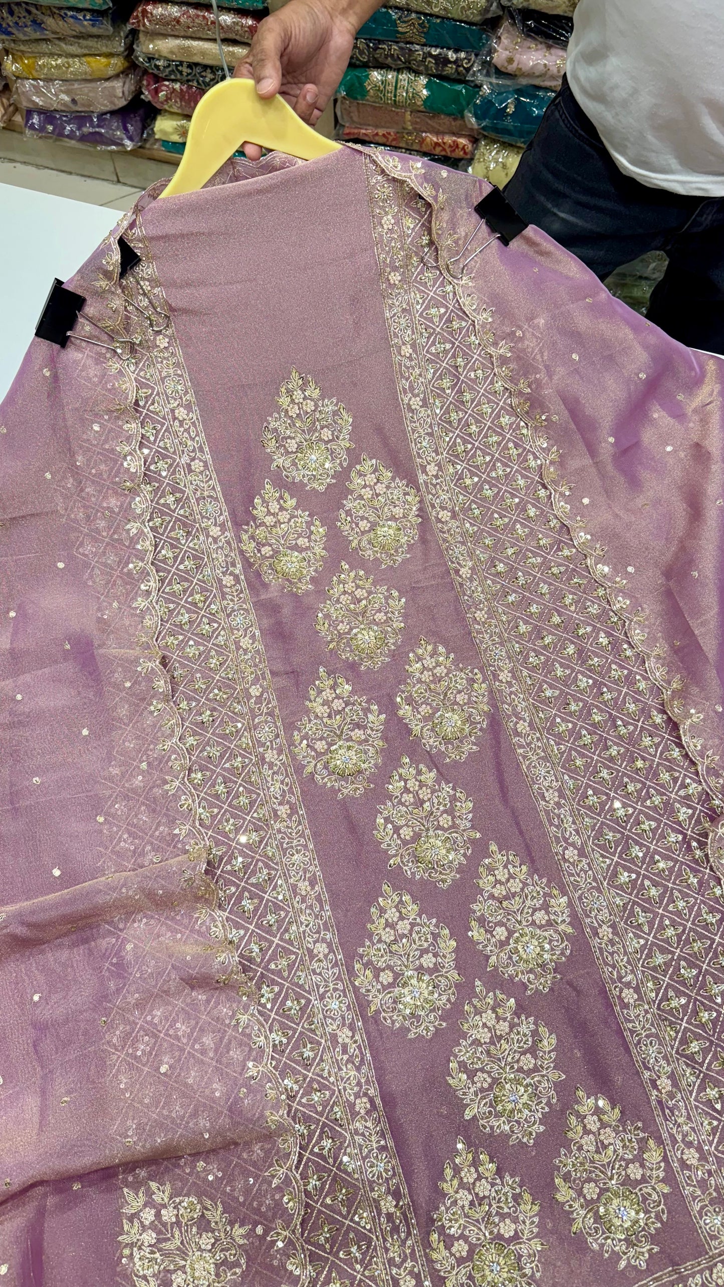 Luxury Shimmer Tissue Unstitched Suit with Zardozi, Pearls & Dabka Embroidery