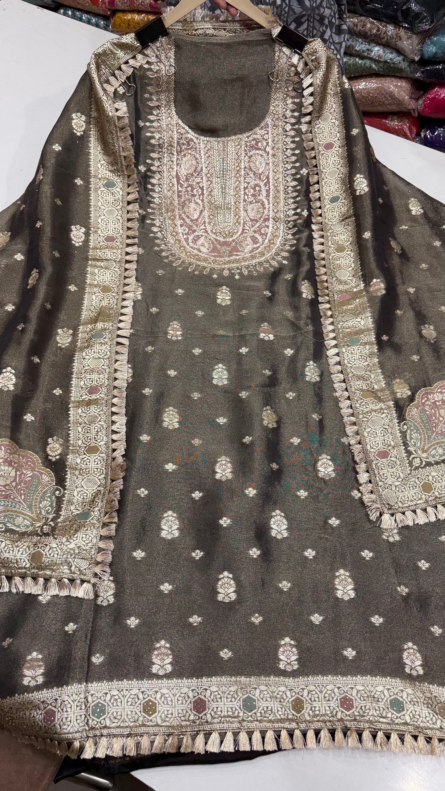 Luxury Banarasi Tissue Unstitched Suit with Gotta Patti Embroidery | Designer Tissue Dress Material with Banarasi Woven Dupatta & Opada Silk Bottom