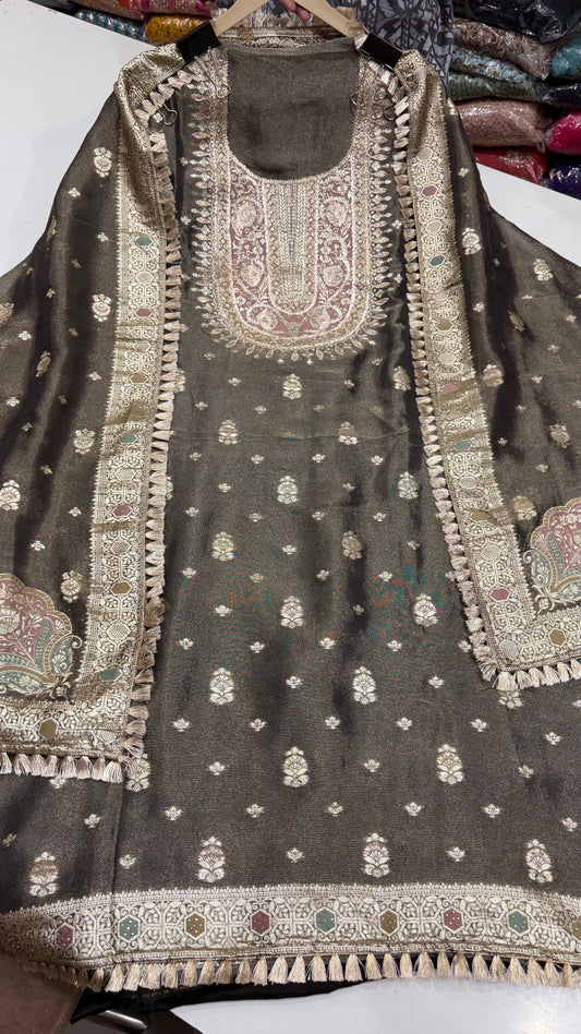 Luxury Banarasi Tissue Unstitched Suit with Gotta Patti Embroidery | Designer Tissue Dress Material with Banarasi Woven Dupatta & Opada Silk Bottom