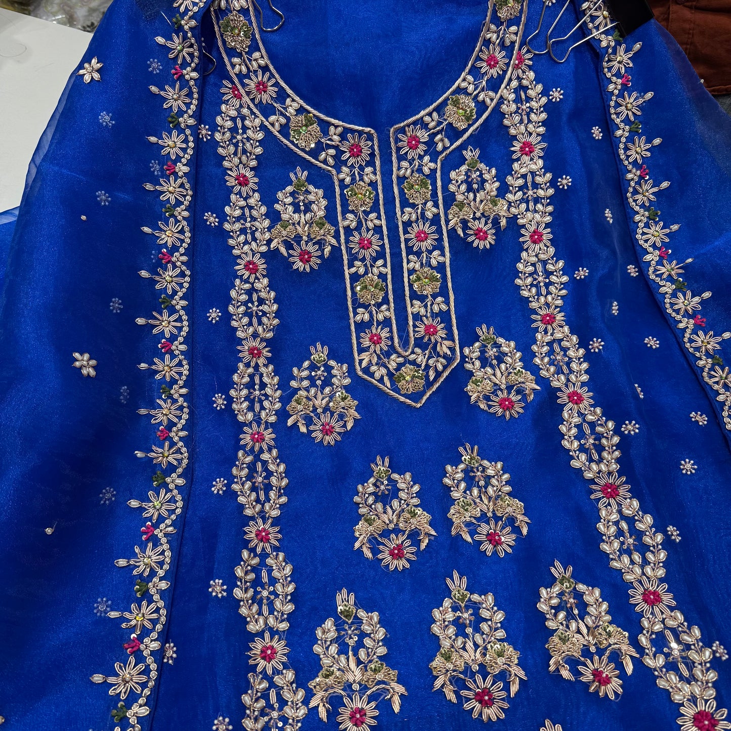 Embroidered Organza Unstitched Suit - Traditional Floral Design with Dupatta (Available in Rust & Royal Blue)