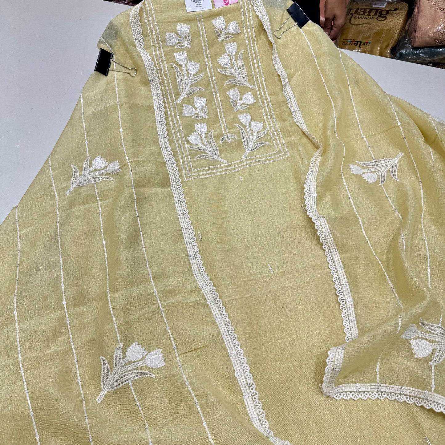 Trendy Pure Tissue Thread, Sequence & Zari Embroidered Suit with Embroidered Tissue Dupatta & Cotton Bottom