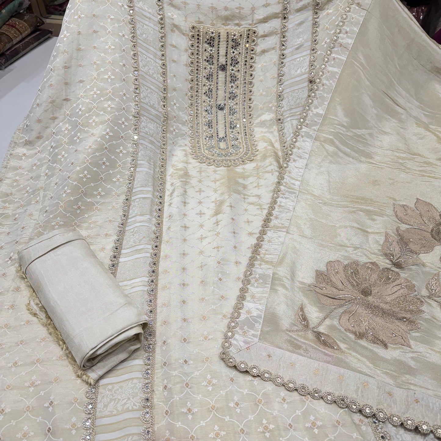 Ivory gold handloom tissue mirror and lace work suit set