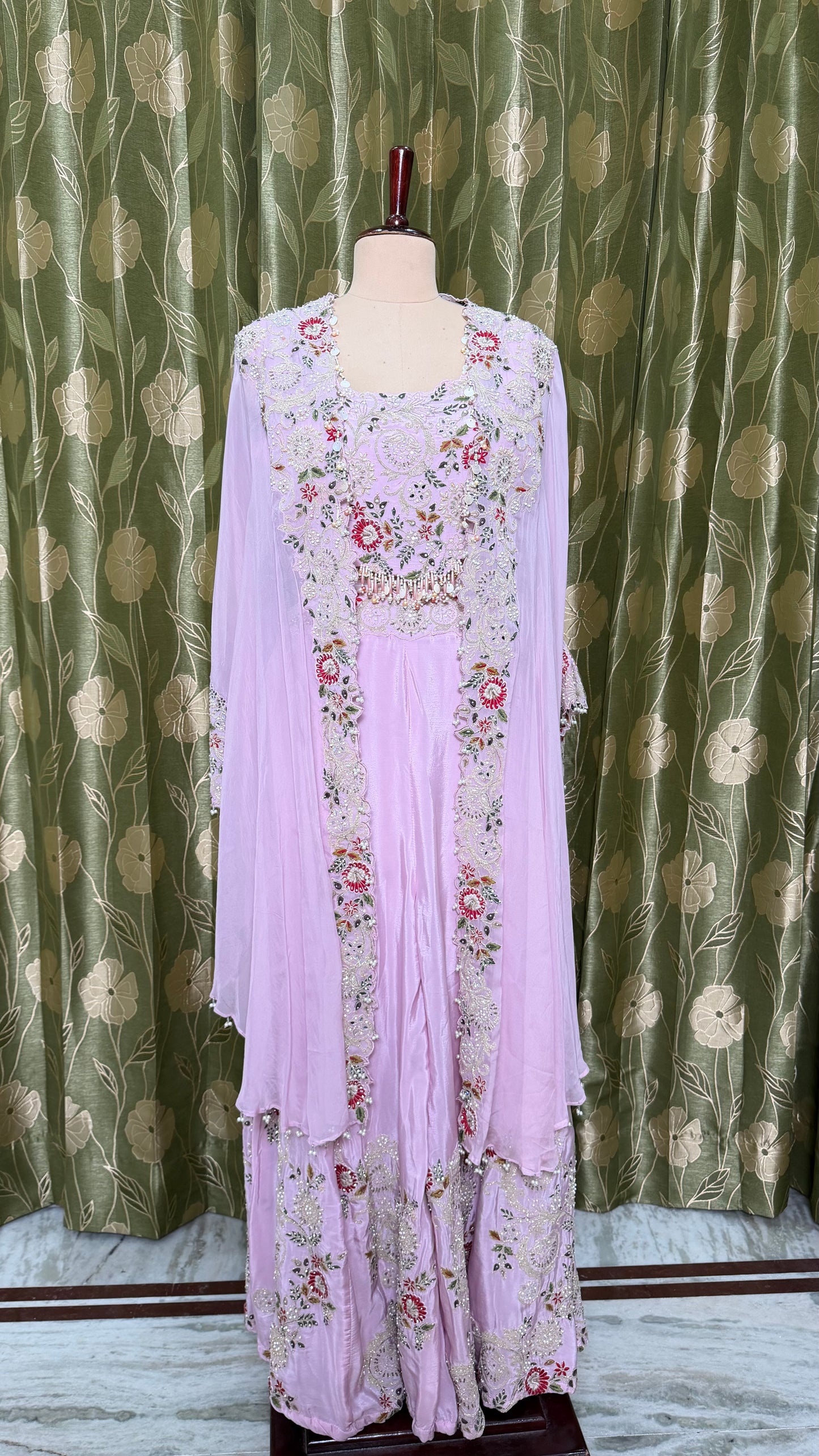 Soft Lilac Indo-Western 3-Piece Ensemble with Hand-Embroidered Blouse, Pure Crepe Sharara & Organza Kaftan Shrug