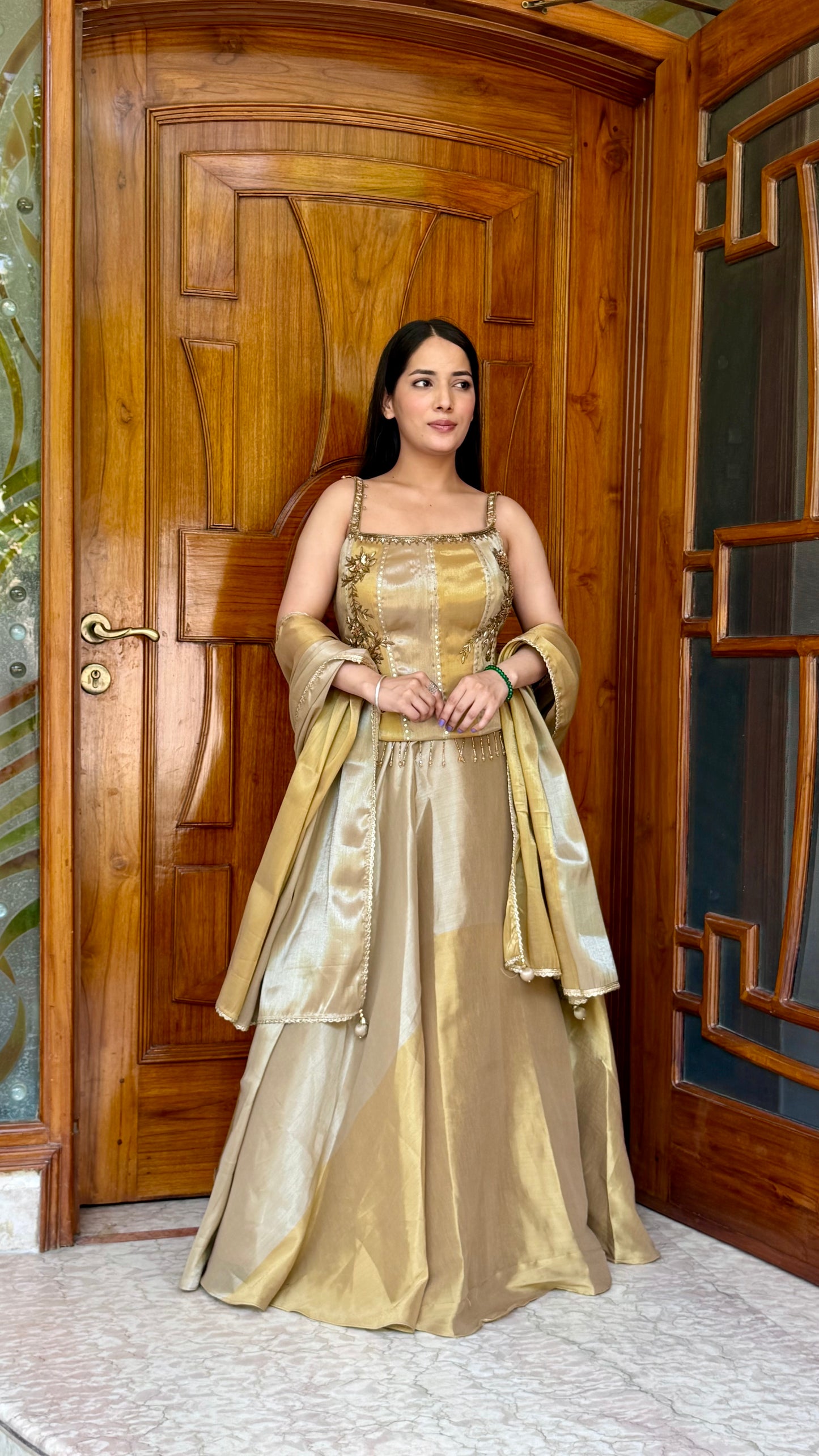 Luxury Dual Tone Pure Tissue Corset Choli Lehenga Set with Hand Embroidered Nakshi Work & Tissue Dupatta