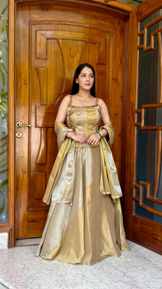 Luxury Dual Tone Pure Tissue Corset Choli Lehenga Set with Hand Embroidered Nakshi Work & Tissue Dupatta
