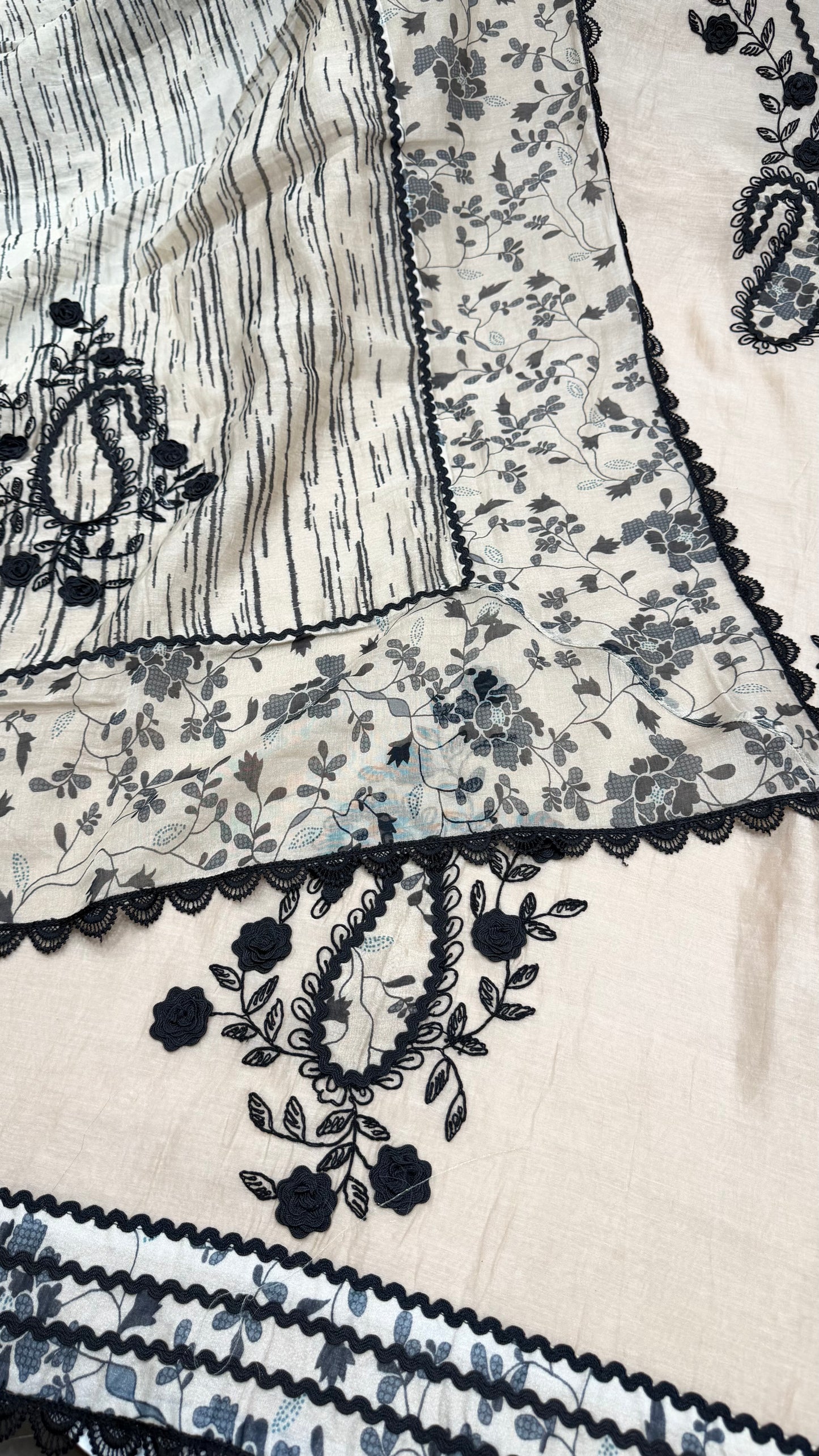 Premium Unstitched Pure Mul Cotton Embroidered Suit with Designer Printed Dupatta | Black Thread & Dori Work | Luxury Summer Cotton Suit