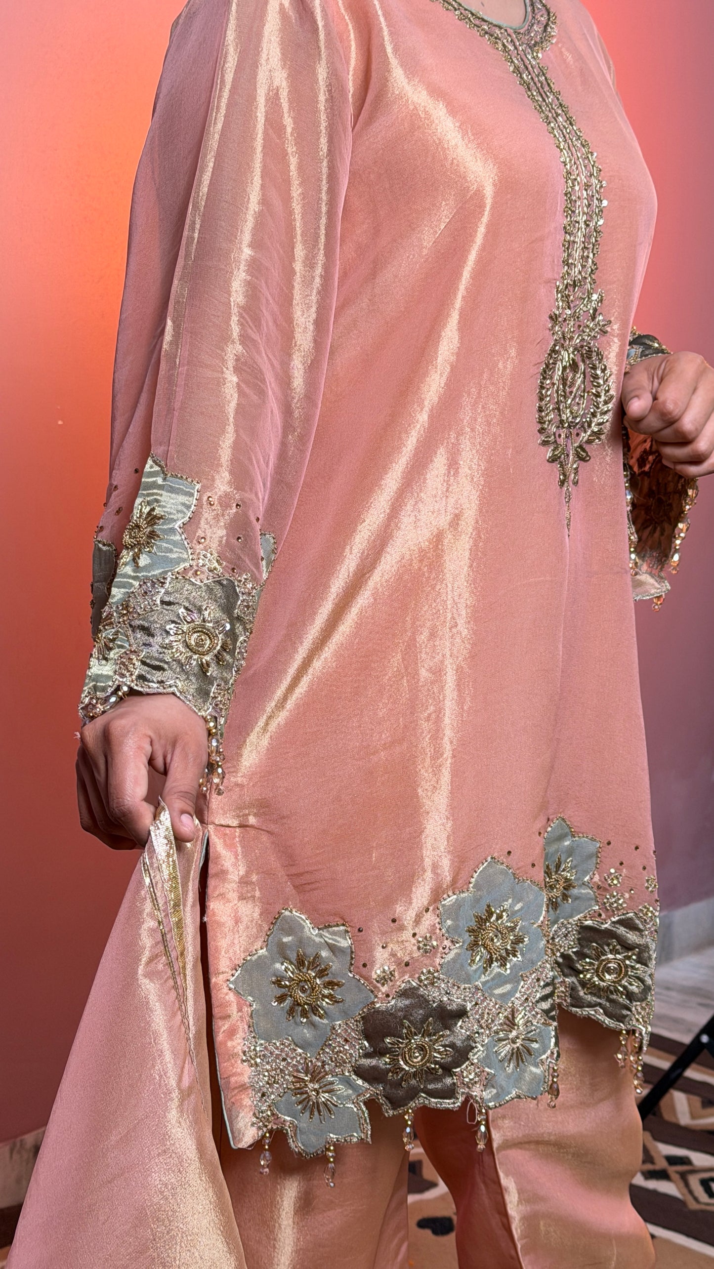Blush Peach Pure Tissue Handcrafted Zardozi Straight Suit with Pants