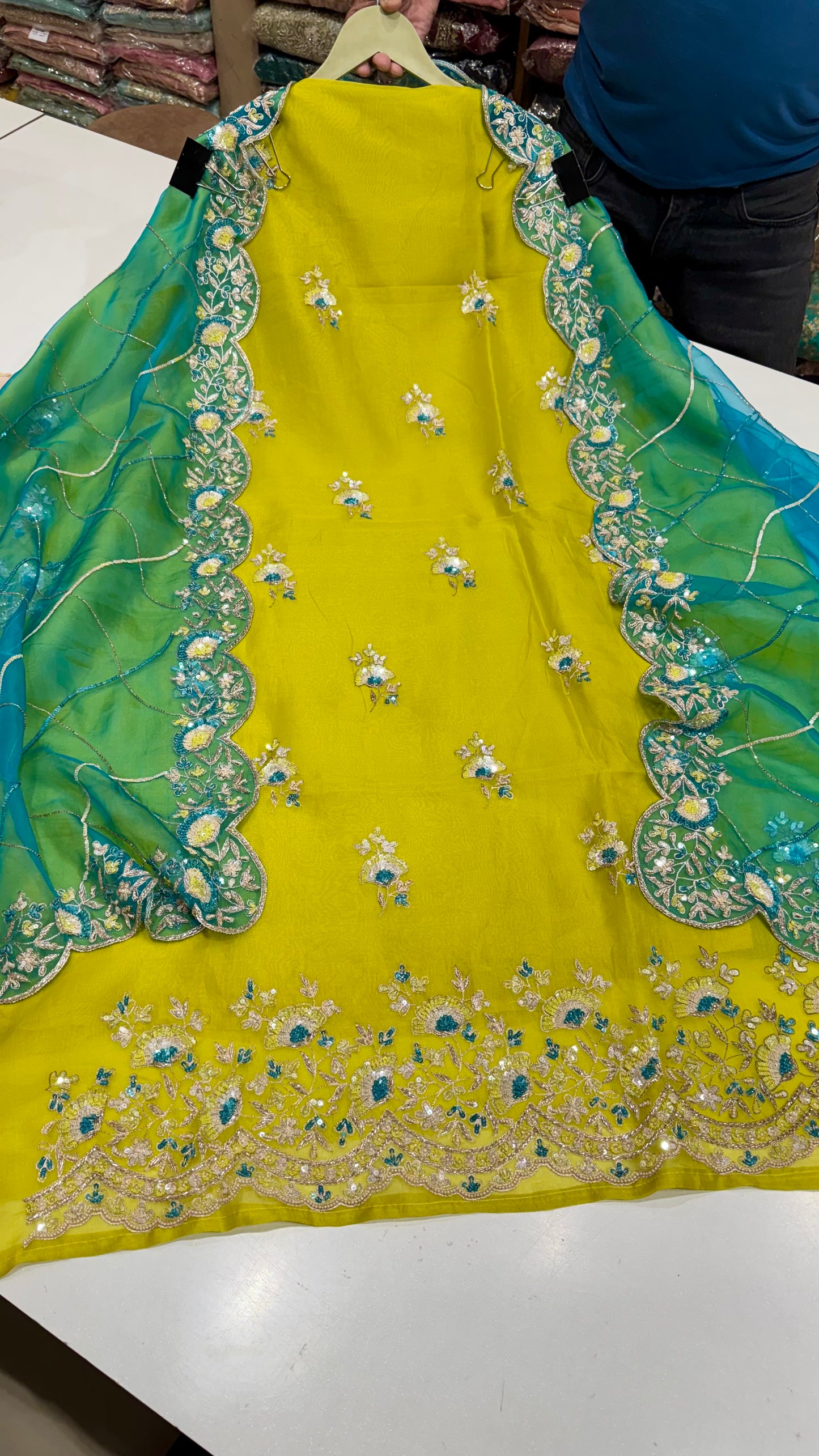 Pure Organza Unstitched Suit with Aqua Blue Embroidered Dupatta & Zardozi Work