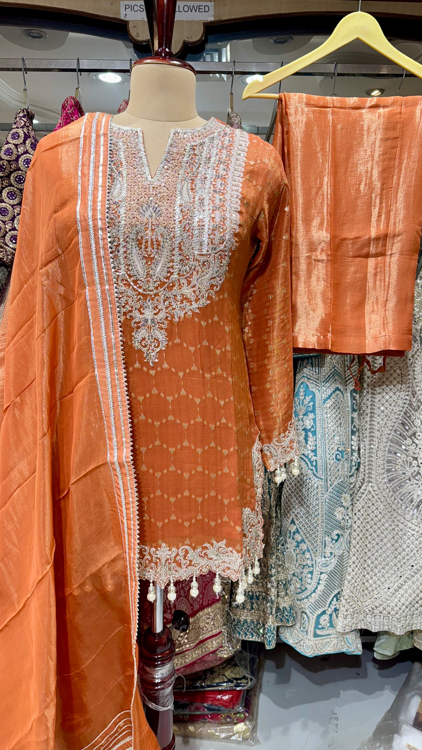 Embroidered Tissue Silk Pant Suit with Pearl Detailing – Available in Mustard & Rust