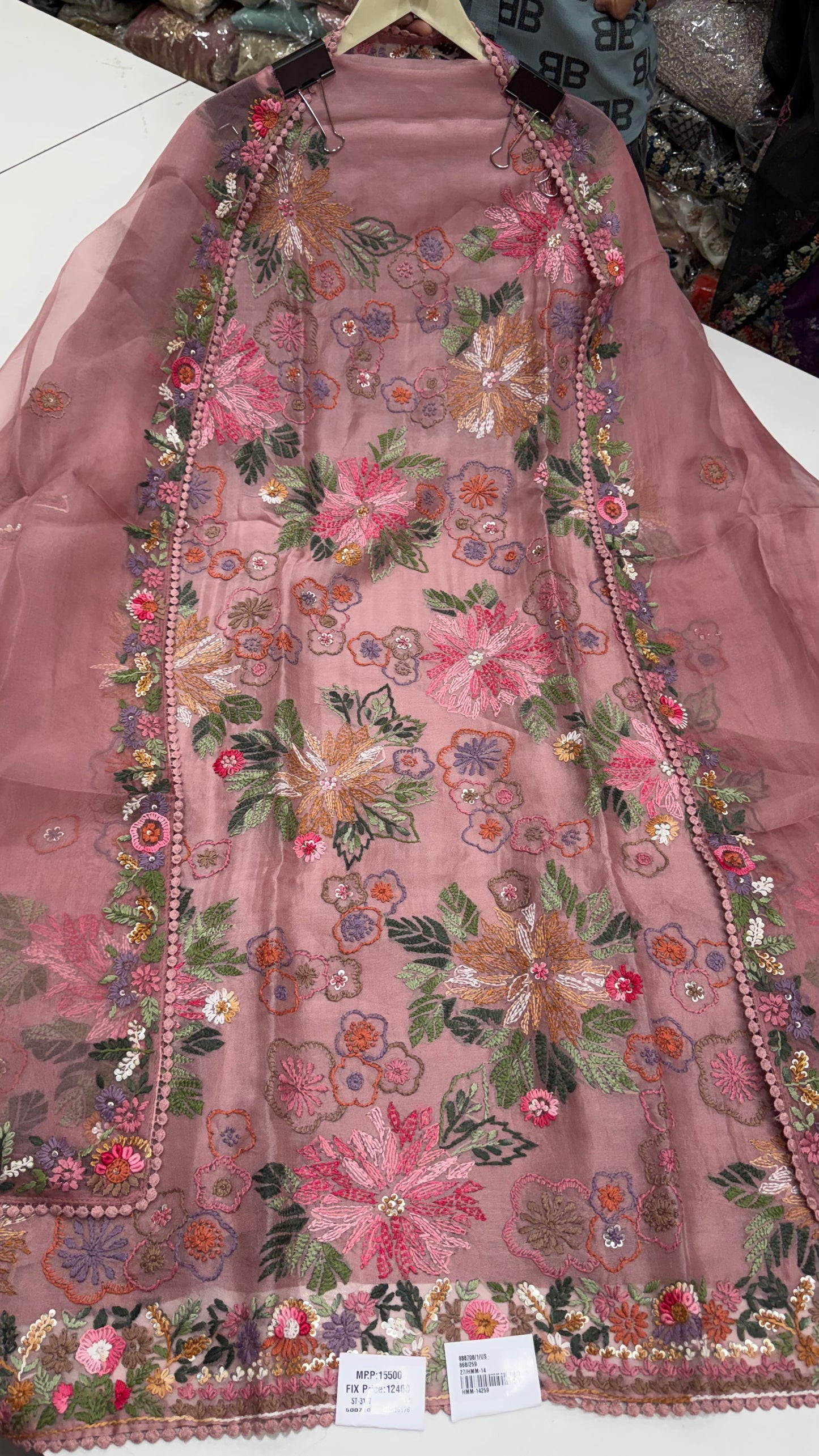 Luxury Designer Organza Kantha Embroidered Unstitched Suit with Dupatta & Crepe Bottom