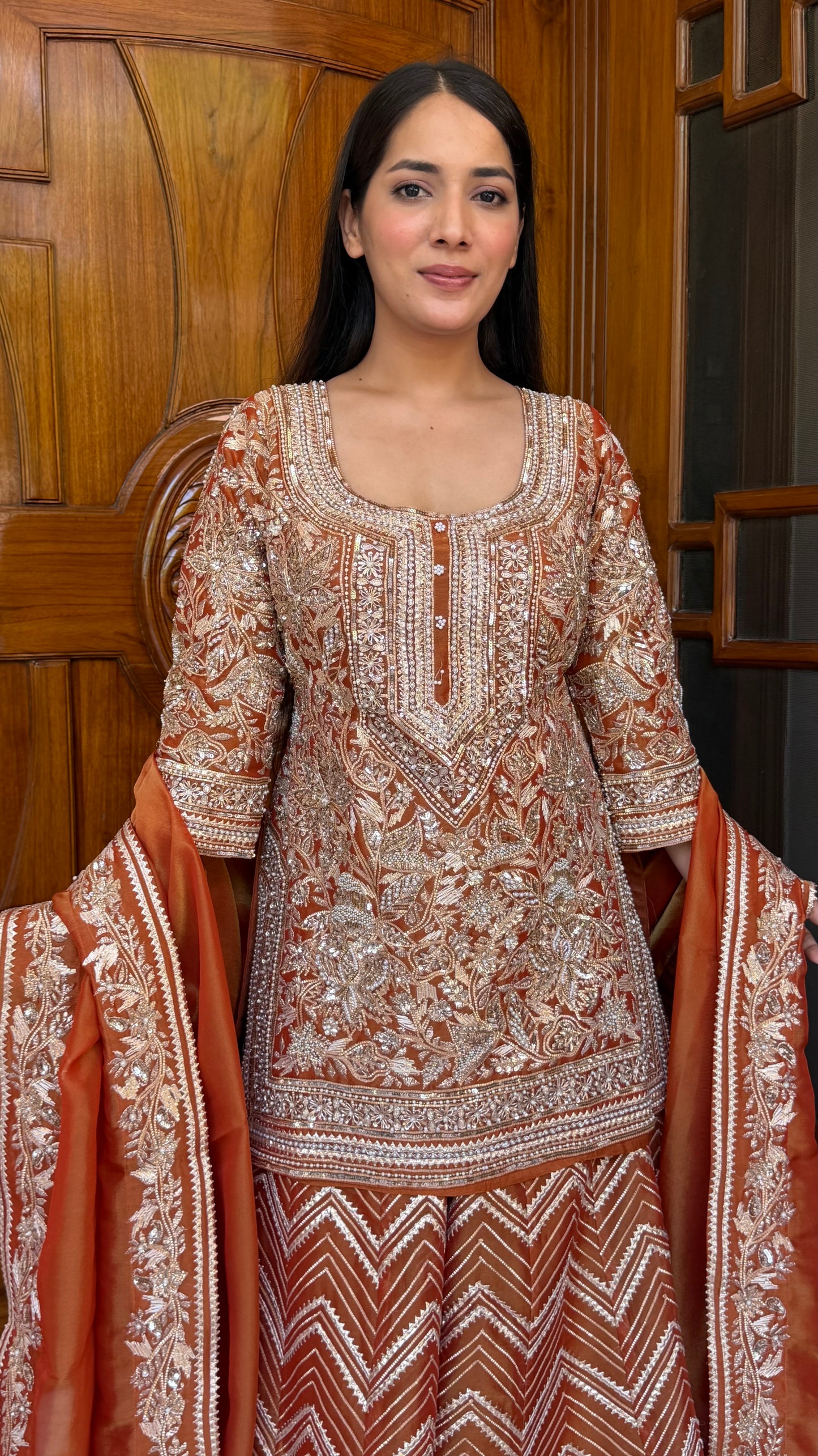 Rust Orange Pure Tissue Heavy Sharara Suit with Hand Embroidered Zardozi Work