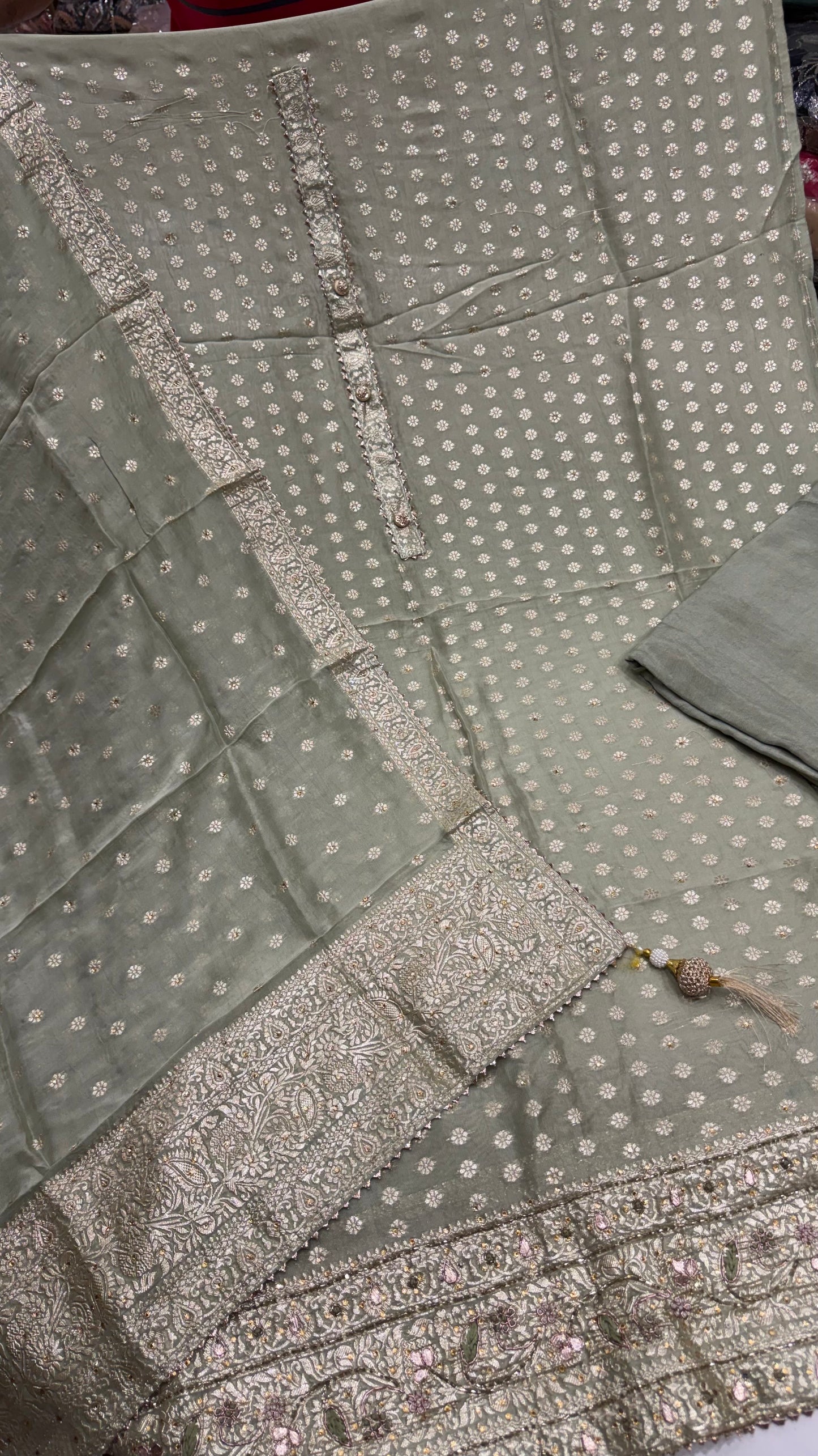Luxury Unstitched Pure Mysore Georgette Suit with Handloom Zari Weaving & Hand Embroidery | Premium Designer Wedding & Festive Wear Dress Material