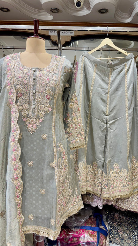 Readymade A-Line Pakistani Sharara Suit in Pure Tissue – Free Size (Up to 44” Bust)