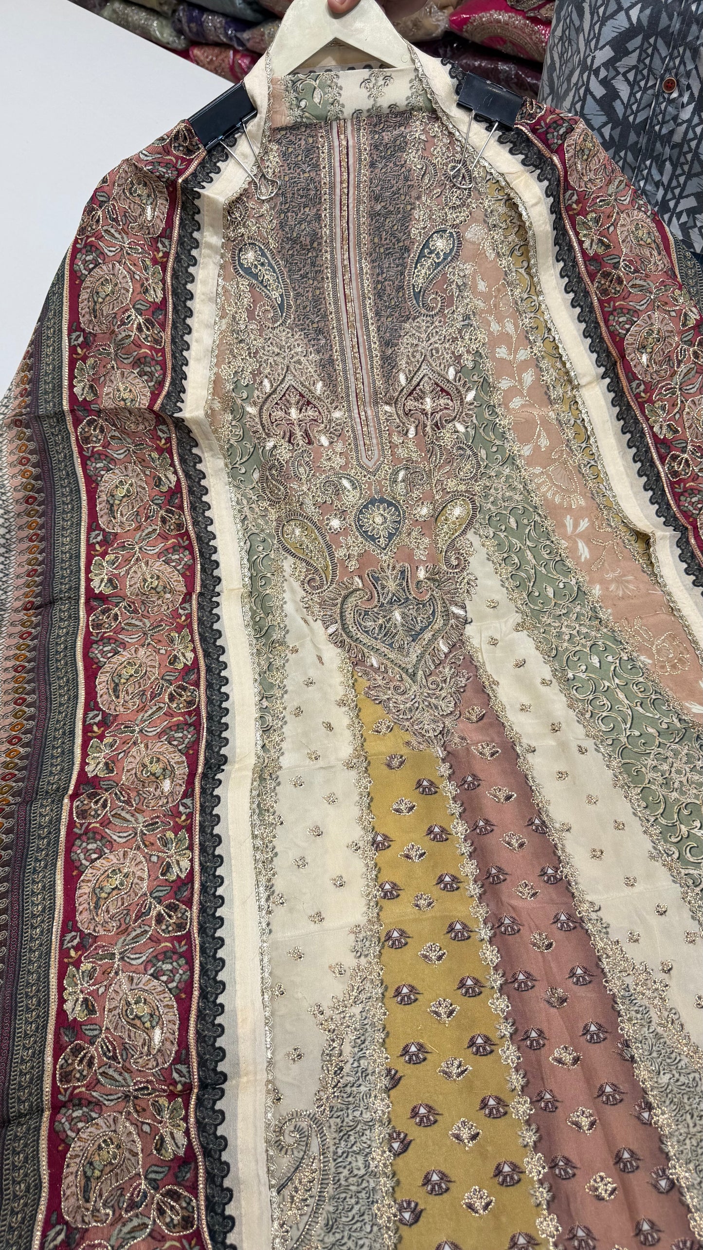 Sabyasachi Inspired A-Line Premium Unstitched Pure Crepe Suit with Designer Chinon Dupatta | Zari Aari Embroidery | Luxury Wedding Wear