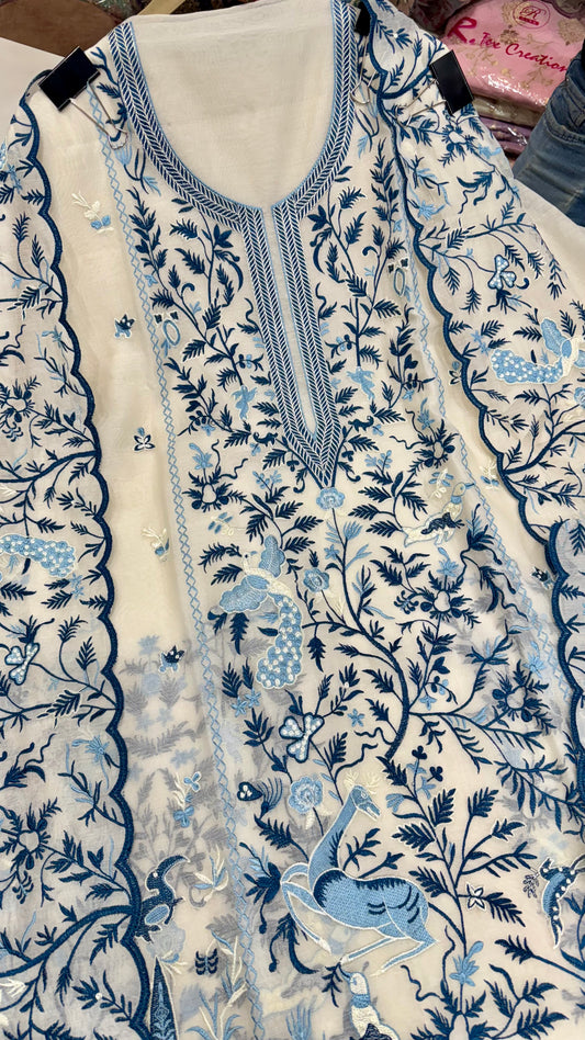 Elegant Pure Mul Cotton Embroidered Suit with Dual Border Dupatta & Cotton Bottom – 3-Piece Set