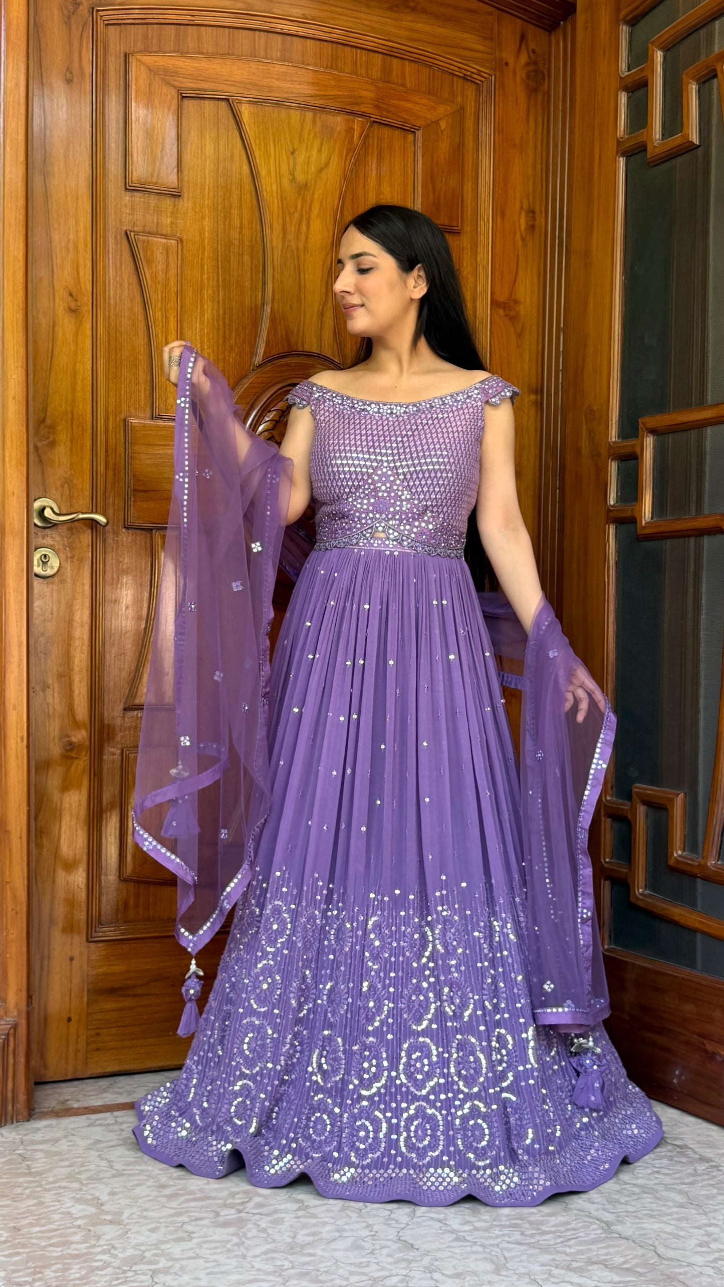 Purple Georgette Lehenga Choli Set | Sequin & Thread Embroidered Boat Neck Choli | Flared Skirt with Mirror Work | Net Dupatta | Readymade Free Size Up to 42 Bust | Wedding & Party Wear